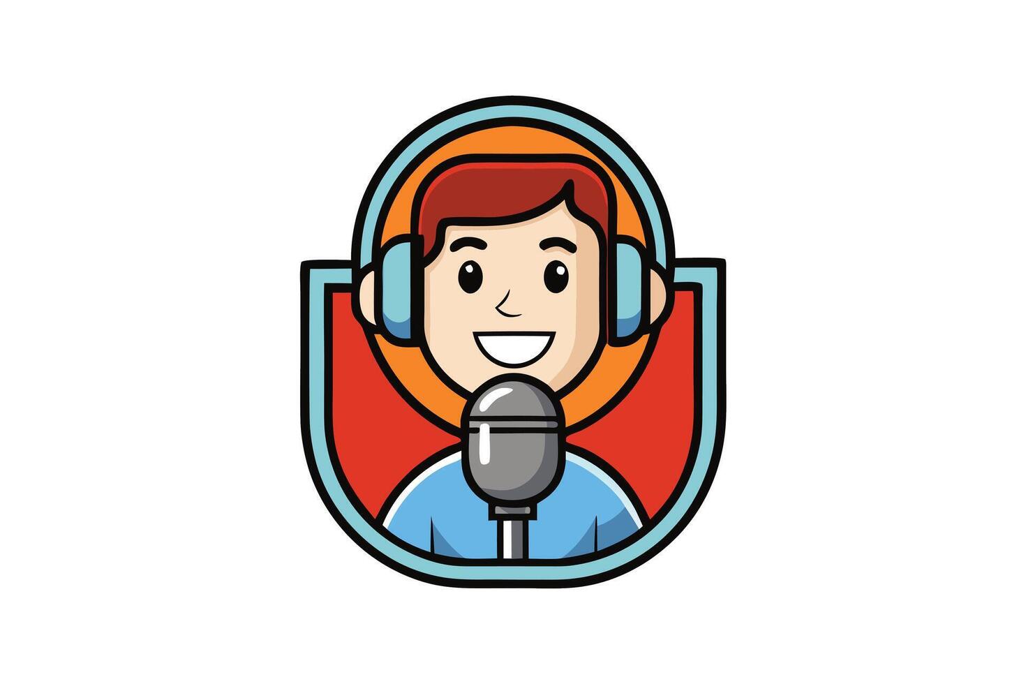 Iconic podcast graphic with smiling faces and headsets, tailored for podcasting, live streaming, or audio communication themes vector