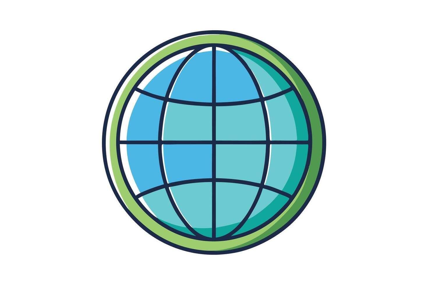 Simplified and vibrant globe icon showcasing continents and grid lines, symbolizing worldwide connectivity and environment in a modern style vector