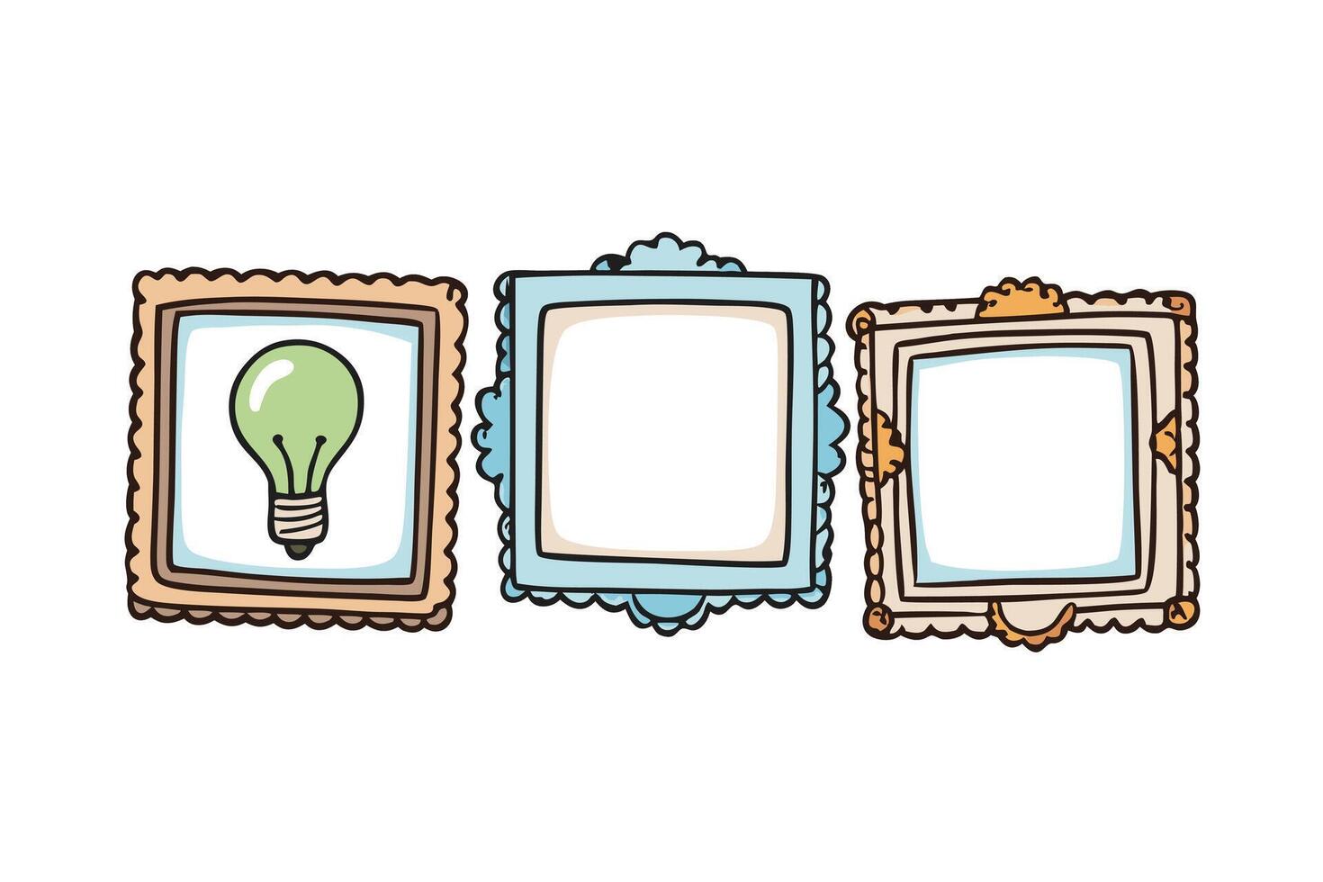 Artistic illustration of whimsical frames and lightbulb icons, emphasizing imagination, creative thinking, and design in a minimalist style vector