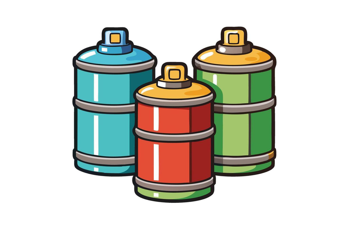 Bright and minimalistic illustration of three canisters in vibrant colors, ideal for fuel, gas, or liquid storage representation vector
