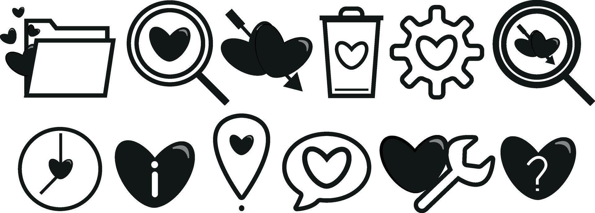 an original set of simple black and white icons for Valentine's Day, consisting of a variety of standard icons with red bright hearts presented in different shapes vector