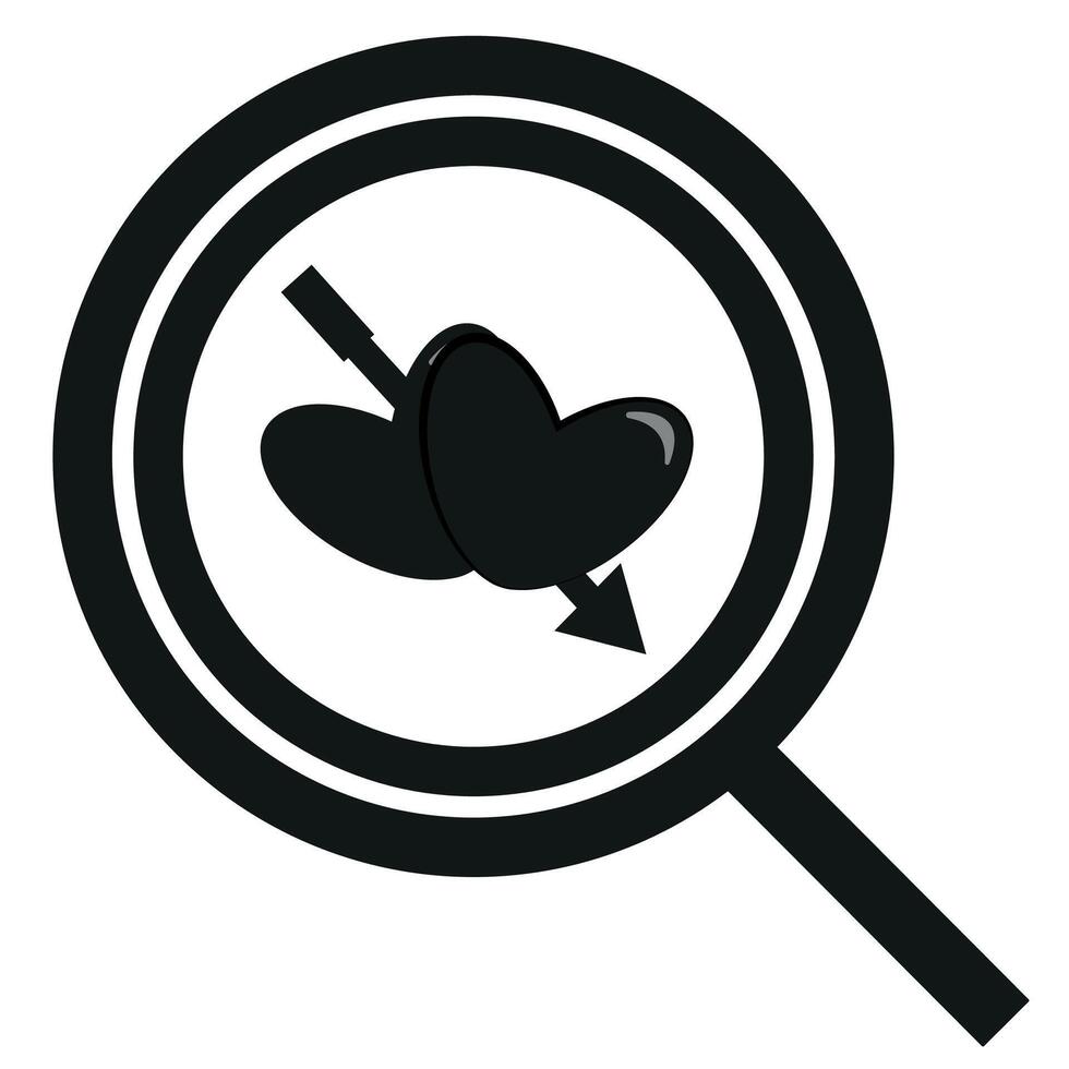 Original simple black and white magnifying glass icon with love hearts placed in the middle of the magnifying glass, Valentine's day design vector