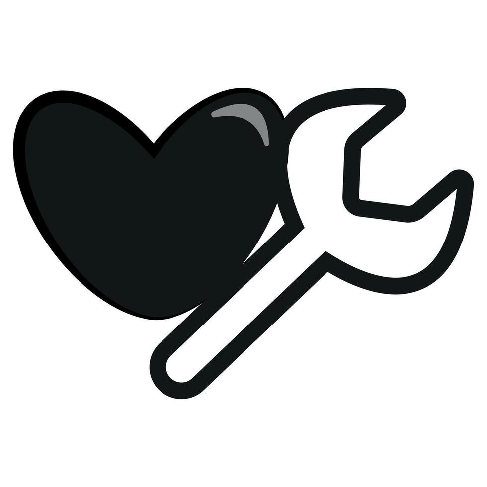 Original simple black and white icon of heart with wrench placed on side, Valentine's day design vector
