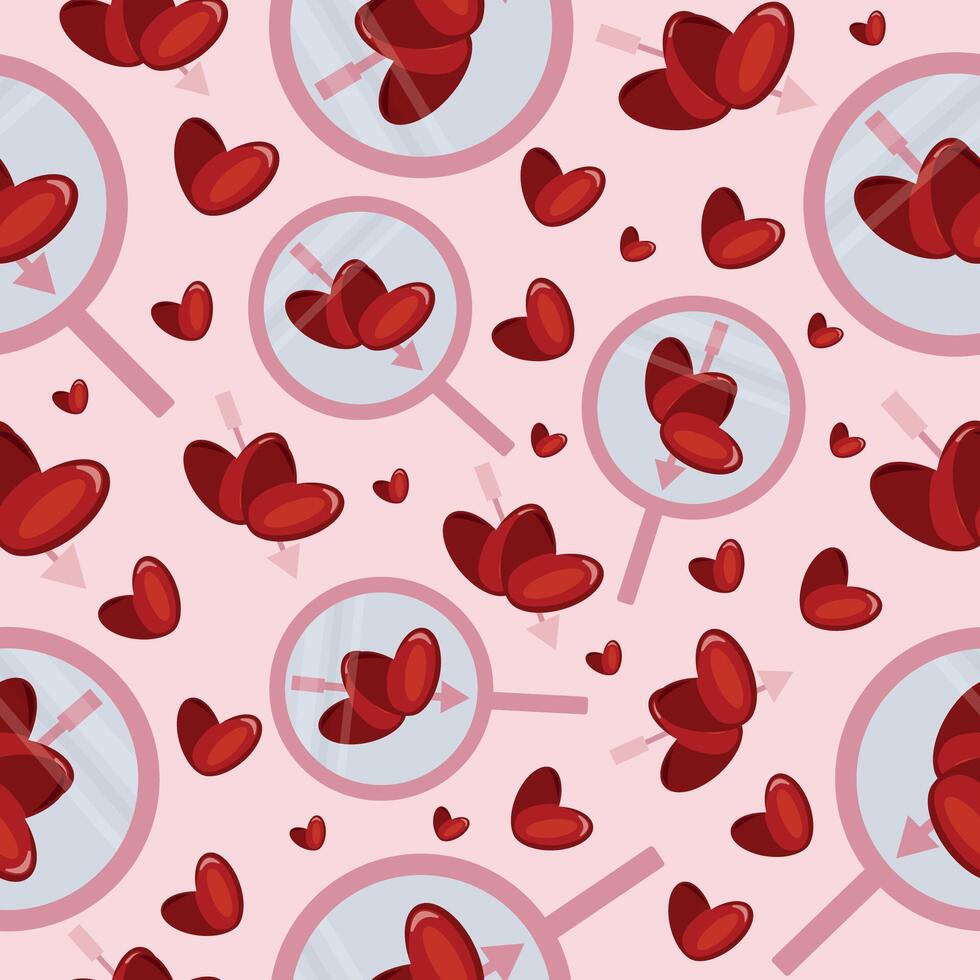 seamless pattern with pink magnifying glass icon and love hearts with cupid's pink arrow arranged randomly on pink background, valentine's day pattern vector