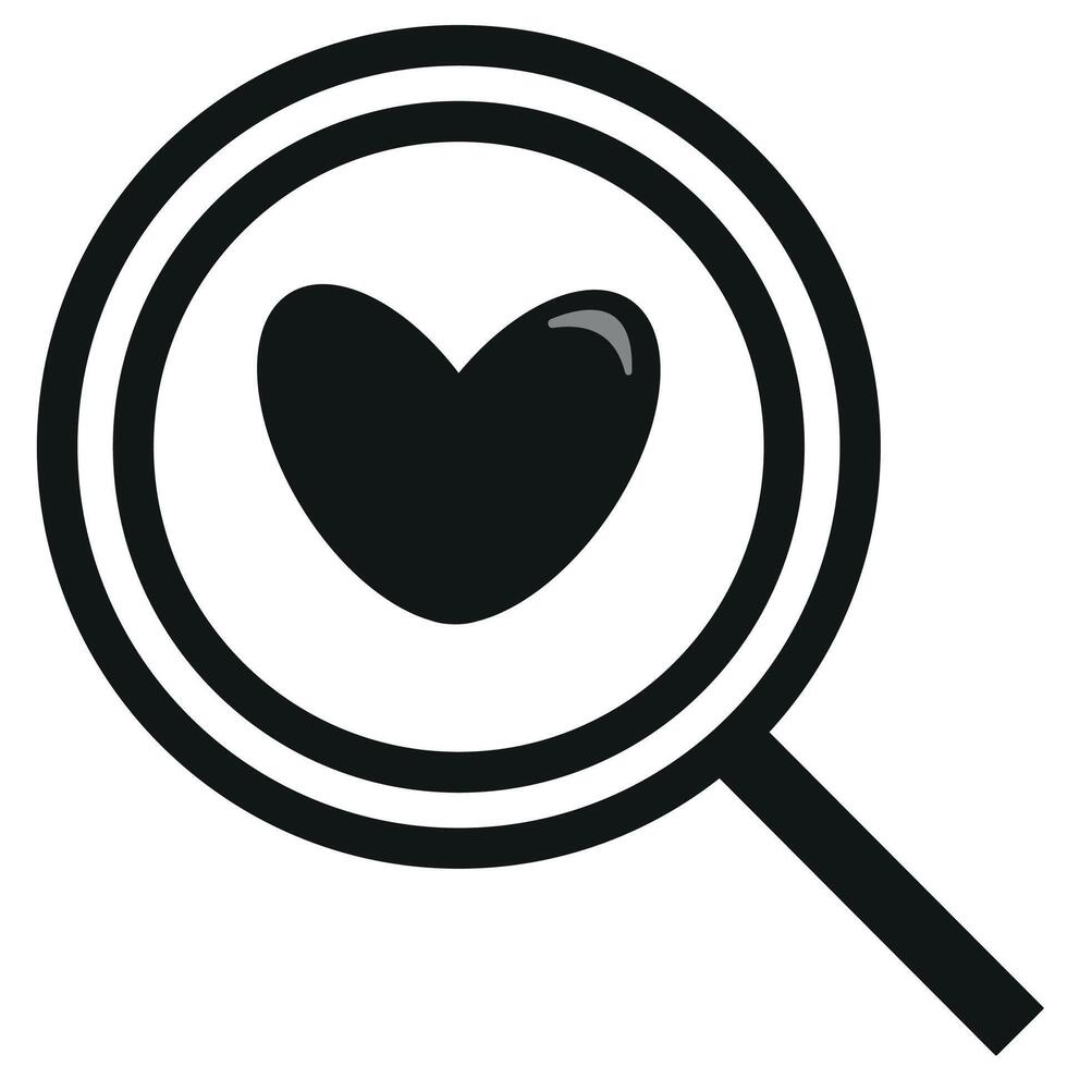 original simple black and white magnifying glass icon with a heart placed in the middle of the magnifying glass, valentine's day design vector