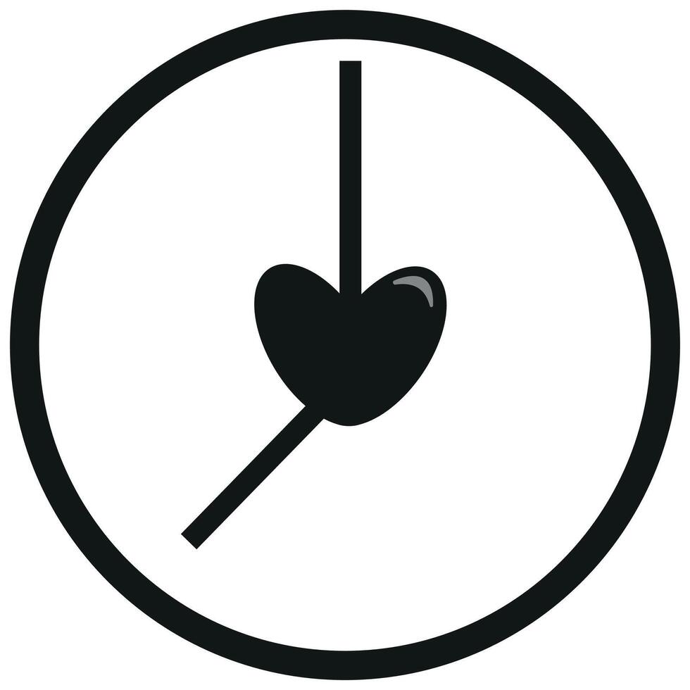 Original simple black and white round clock face icon with a heart in the middle of the icon, Valentine's day design vector