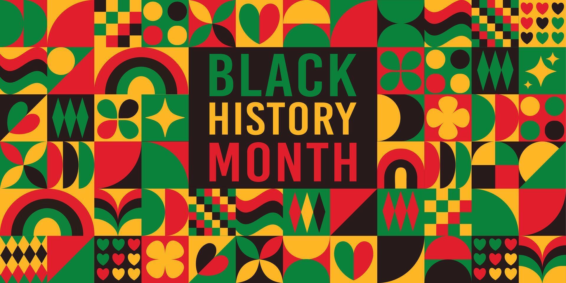 A colorful poster for Black History Month. The poster features a variety of shapes and colors, including squares, triangles, and circles. The poster is designed to celebrate the diversity vector