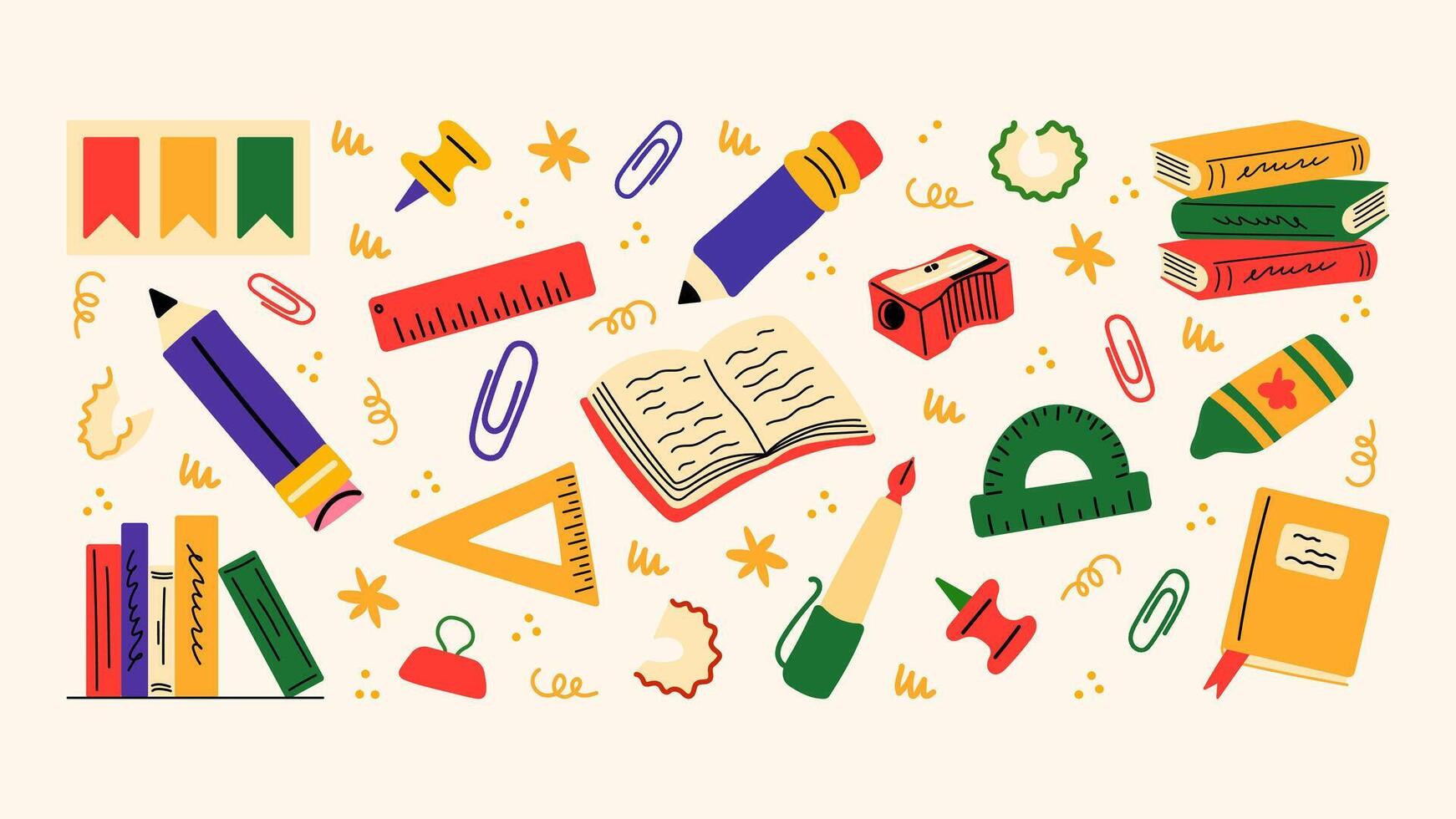 Back to school stickers. Backpacks school items stationery notebooks in retro groovy cartoon style. Shapes for study school university vector