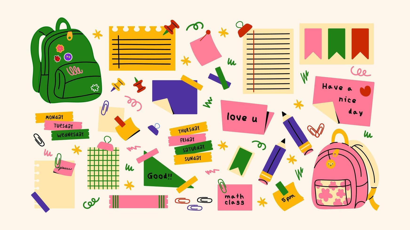 Back to school stickers. Backpacks, school items, stationery, notebooks in retro groovy cartoon style. Shapes for study, school, university vector