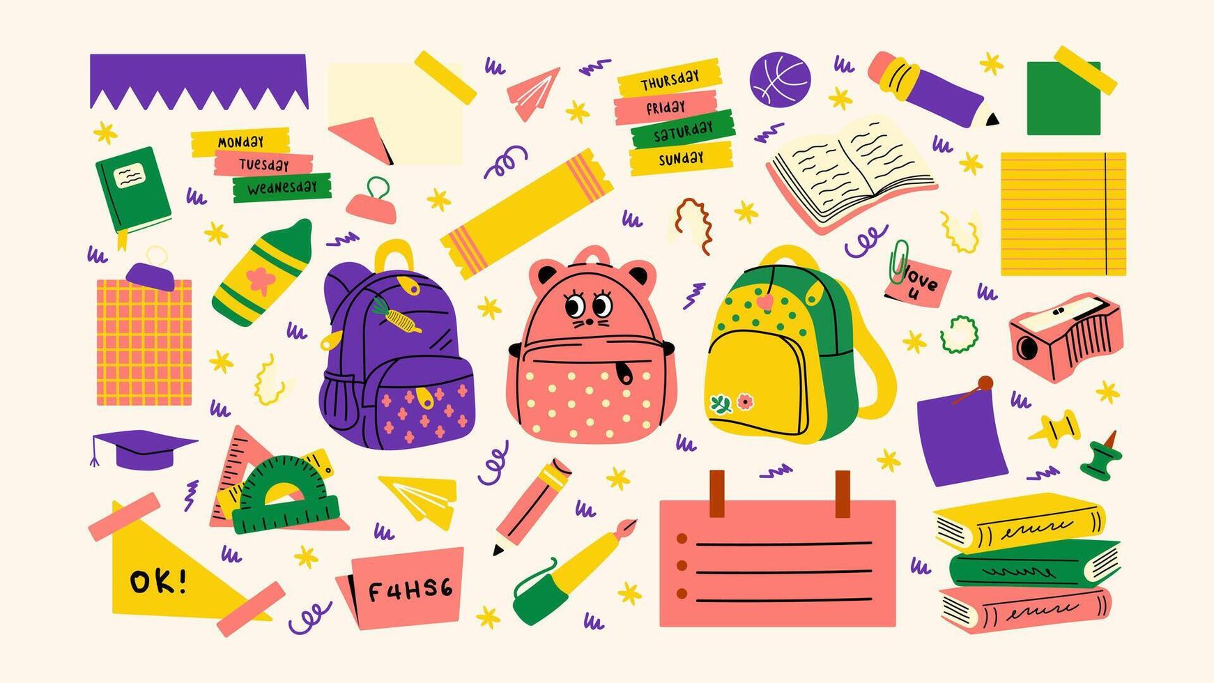 Back to school stickers. Backpacks, school items, stationery, notebooks in retro groovy cartoon style. Shapes for study, school, university 3 vector