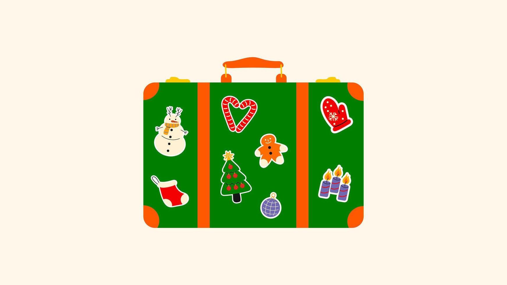 Christmas Set cartoon luggage stickers, travel bag, suitcase with stickers for travel. Packing for vacation. Various labels, christmas concept. Doodle groovy drawing in retro style vector