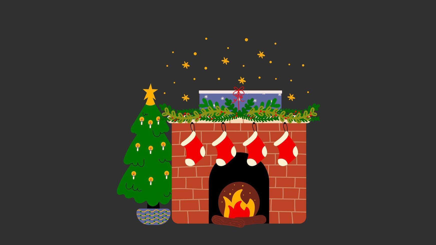 Christmas fireplace with New Year decor- socks, gifts, Christmas tree, and decorations. Scandinavian style, cozy warm hearth. Winter cartoon fireplace with burning fire p1 vector