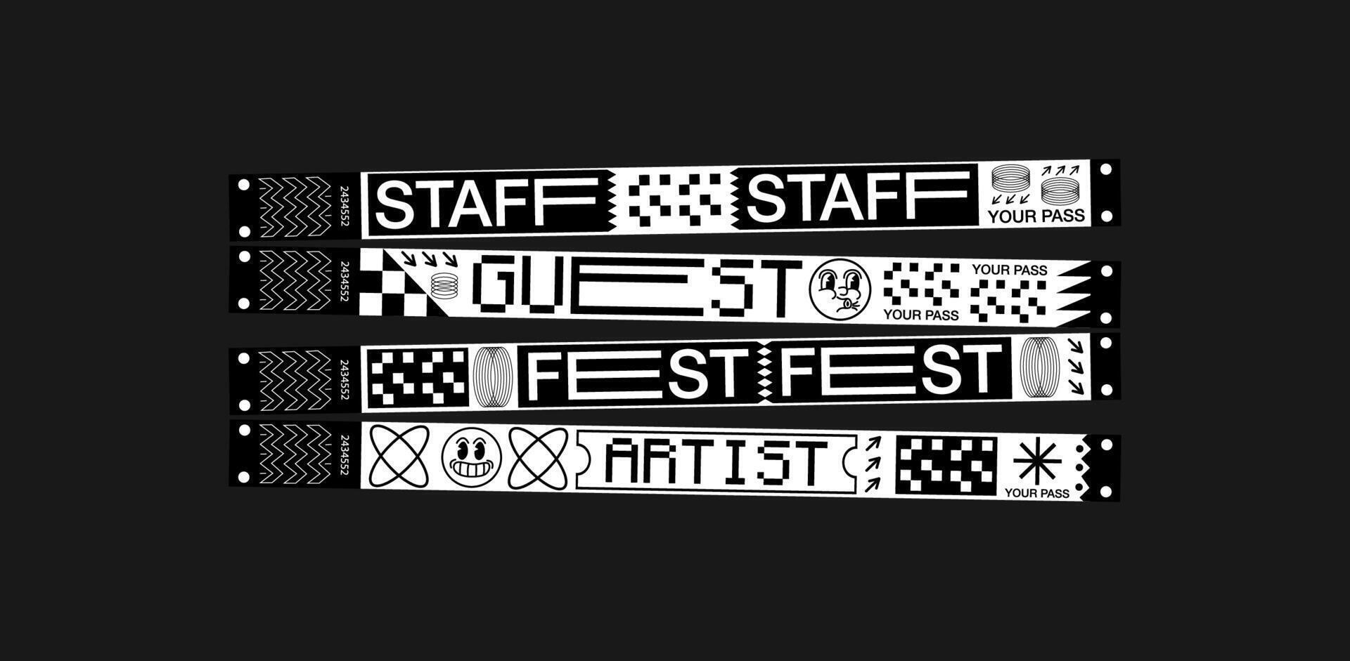 Wristband control bracelets for fest, staff, guest, artist, contest, concert, perfomer. Festival bracelet in a futuristic style. vector