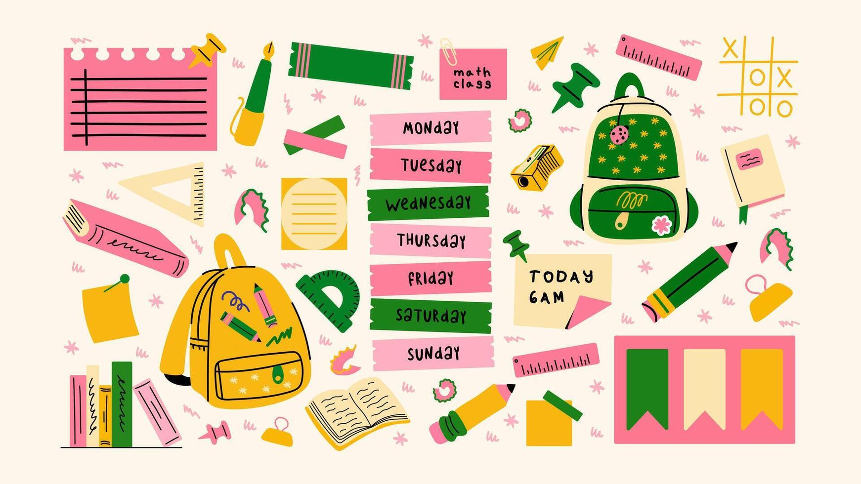 Back to school stickers. Backpacks, school items, stationery, notebooks in retro groovy cartoon style. Shapes for study, school, university vector