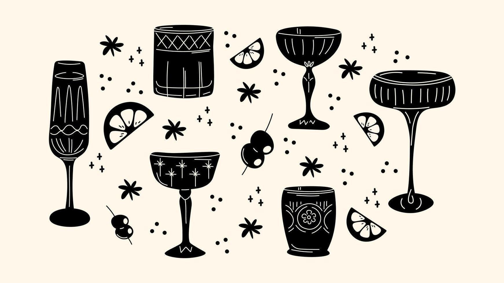 Set alcoholic cocktails in glasses in cartoon retro style of different shapes. Classic summer drinks, aperitif. Hippie groovy drinks hand drawn 2 vector