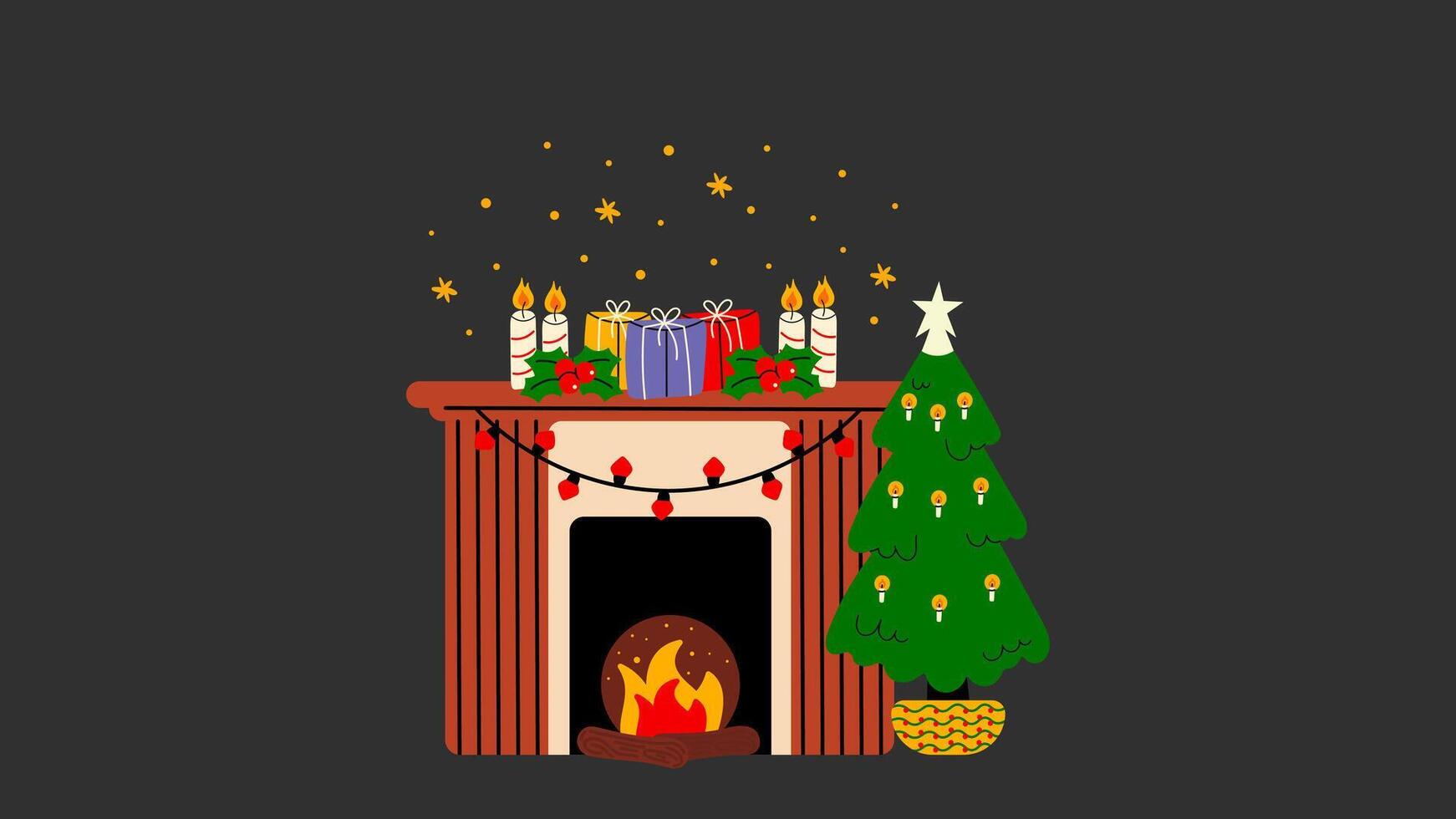 Christmas fireplace with New Year decor- socks, gifts, Christmas tree, and decorations. Scandinavian style, cozy warm hearth. Winter cartoon fireplace with burning fire p3 vector