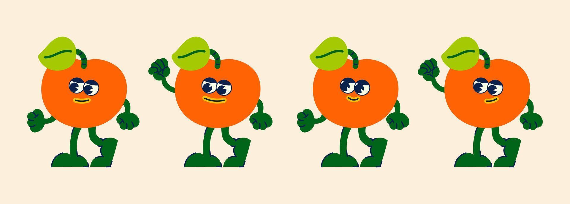 Fruit cartoon characters from the 90s. Trandy poster. funny colorful characters in doodle style orange, mandarin with gloved hands. Groovy illustration with typography vector