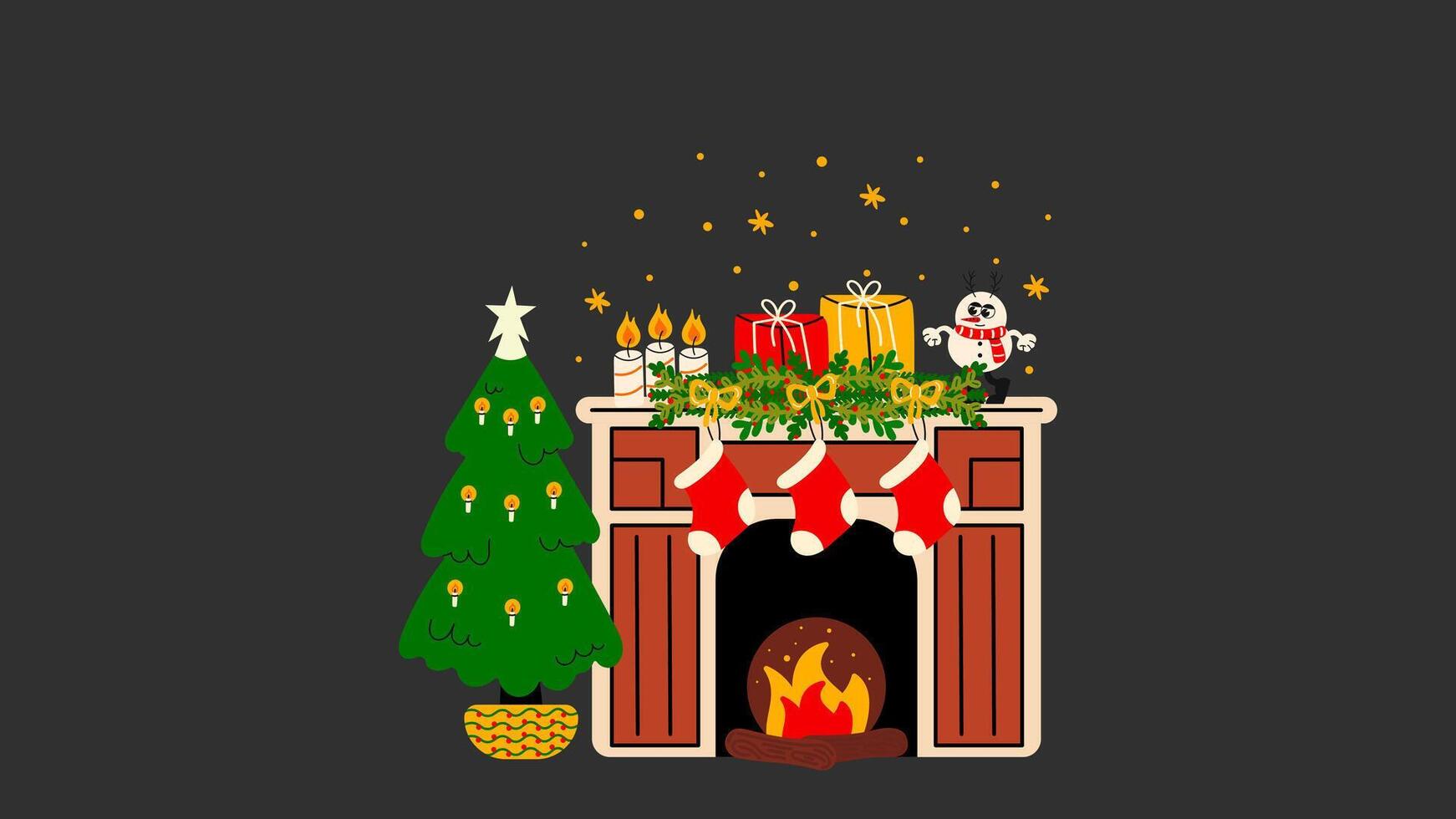 Christmas fireplace with New Year decor- socks, gifts, Christmas tree, and decorations. Scandinavian style, cozy warm hearth. Winter cartoon fireplace with burning fire p2 vector