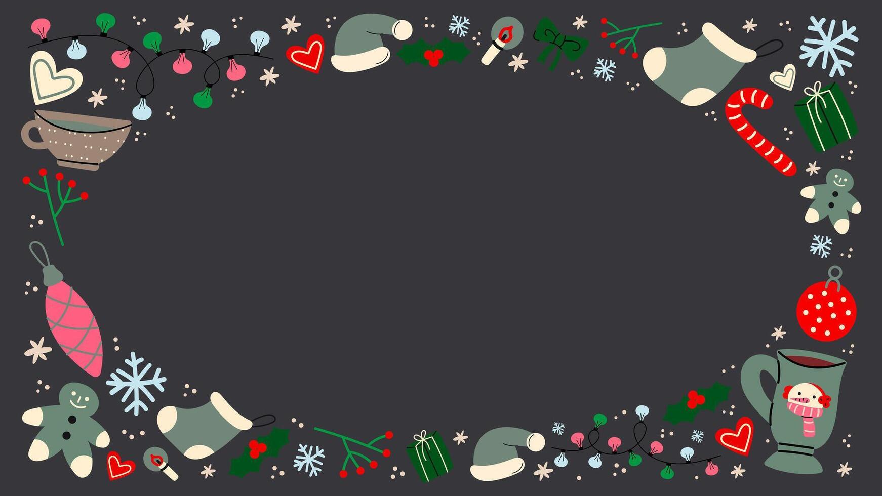 Christmas new year frame and in cartoon style. Holiday border poster, santa, christmas tree, coziness. Seasonal postcard design illustrations in retro groovy style vector