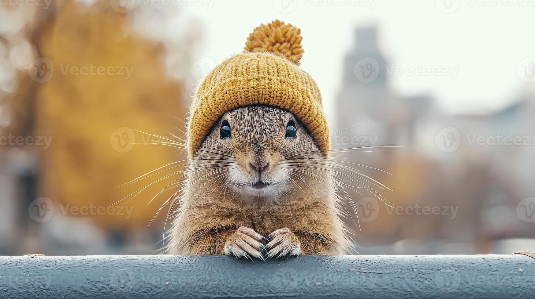 A cute squirrel wearing a yellow knitted hat, perched on a railing against a blurred autumn backdrop, showcasing its playful and charming personality. photo