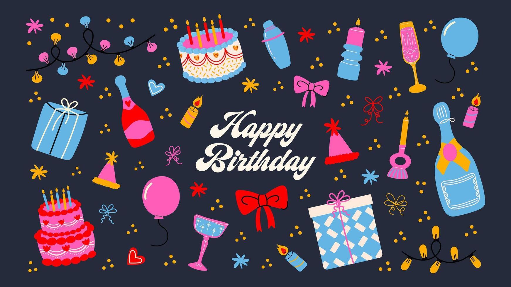Set cartoon birthday stickers. Holiday gifts, balloons, cake. Retro gifts, celebration labels.Funky hipster stickers in 90s style. happy birthday set, trendy promo labels vector