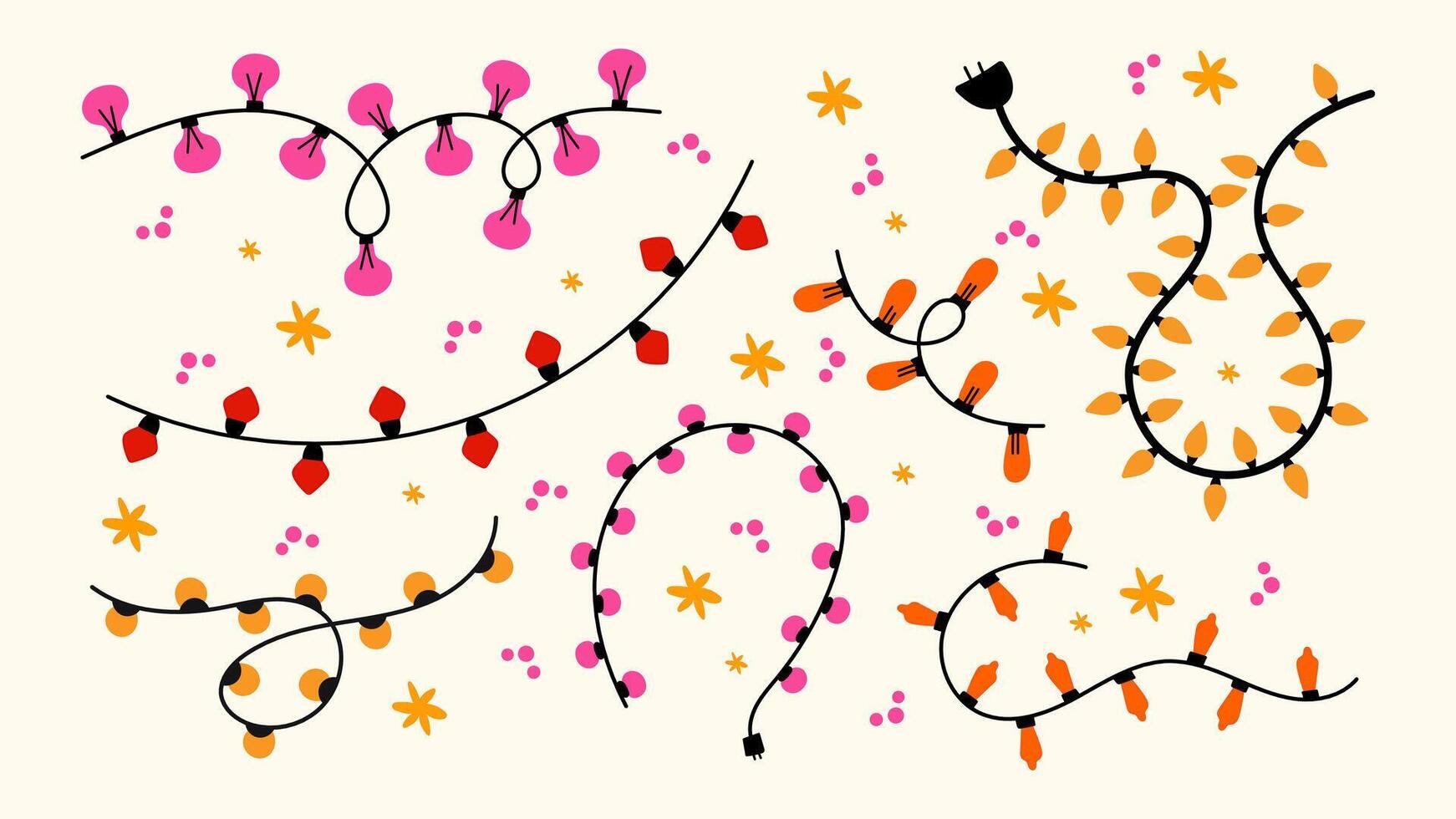 Garlands illustration. Set Christmas tree decorations in cartoon retro style of the 90s. New Year's garlands. Holiday stickers vector
