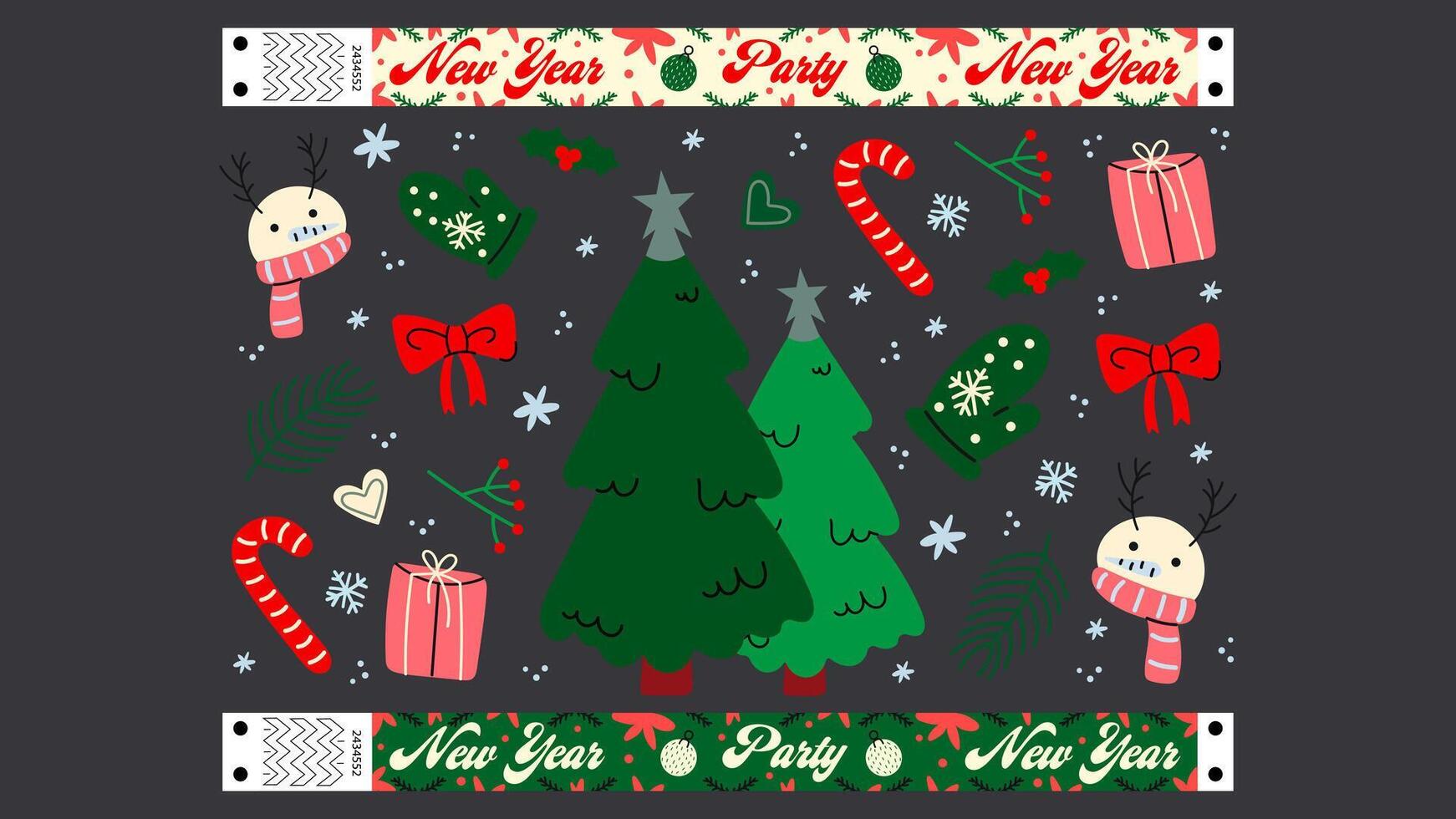 Set cartoon New Year stickers and wristband in the 90s groovy style. Hippie New Yaer patches, new year party, party wristband, winter characters,gifts. Acid bright labels 7 vector