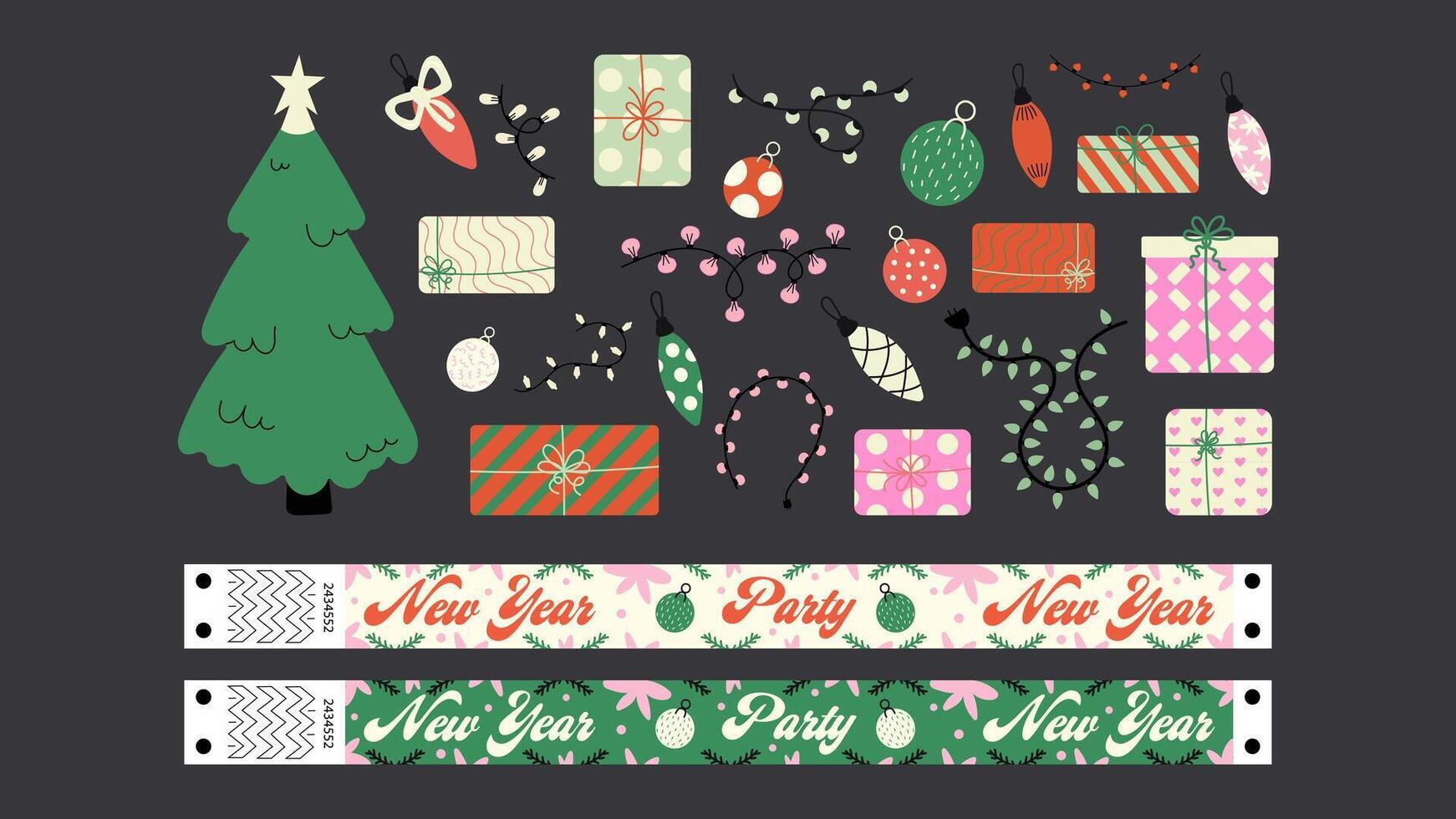 Set cartoon New Year stickers and wristband in the 90s groovy style. Hippie New Yaer patches, new year party, party wristband, winter characters,gifts. Acid bright labels 3 vector