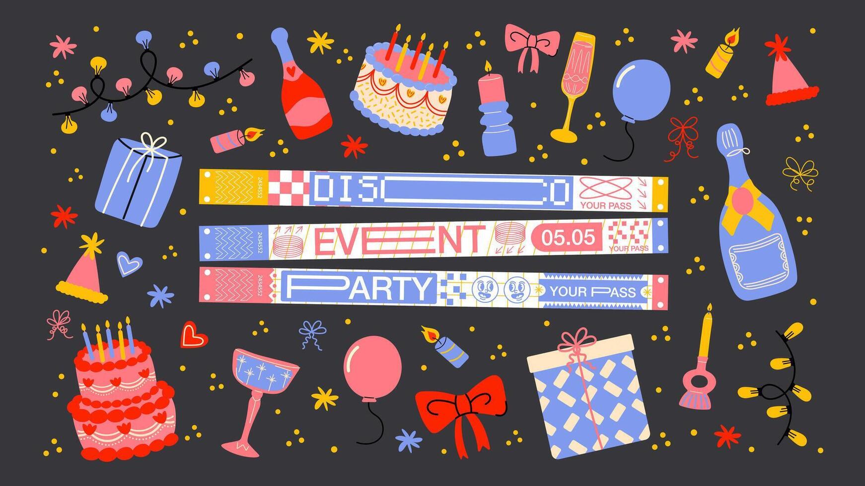 Wristband. Control ticket bracelets and stickers set for events, disco, festival, fan zone, party, staff. mockup of a festival bracelet in a futuristic style vector