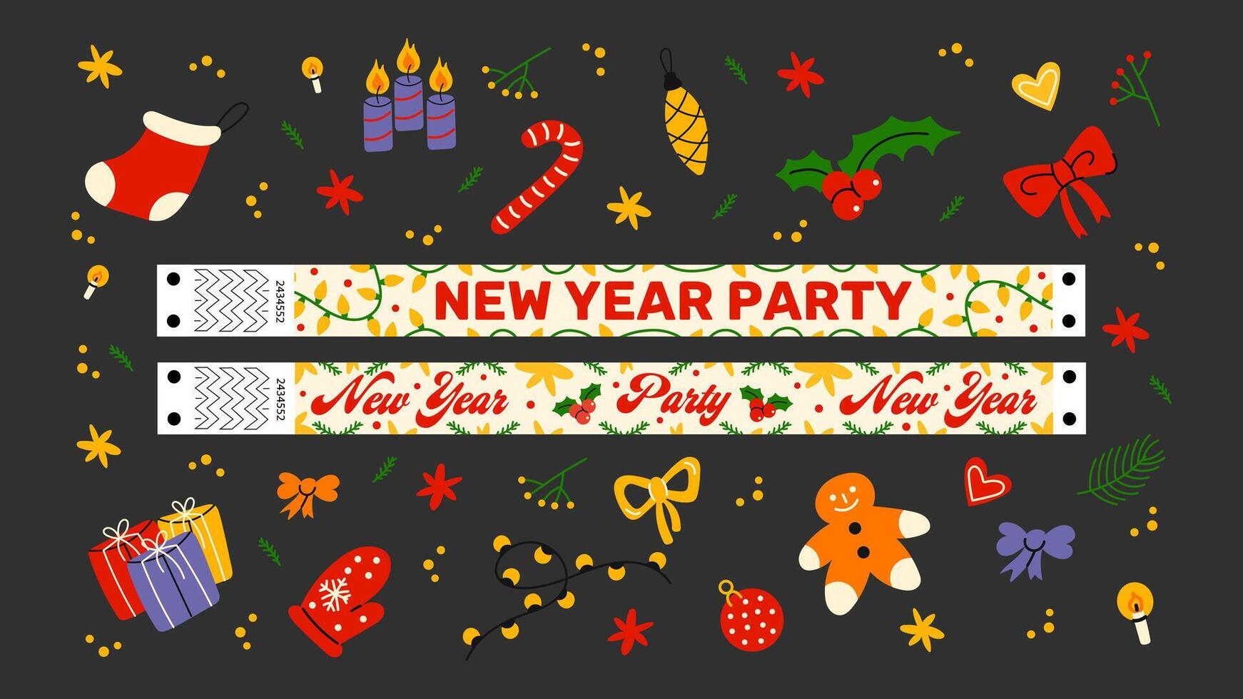 Set cartoon New Year stickers and wristband in the 90s groovy style. Hippie New Yaer patches, new year party, party wristband, winter characters,gifts. Acid bright labels vector