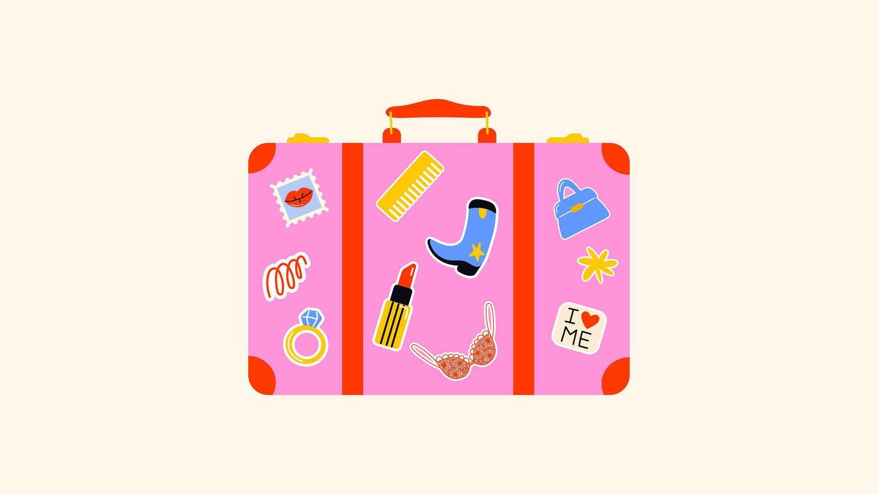 Set cartoon luggage stickers, travel bag, suitcase with stickers for travel. Packing for vacation, beach. Various labels, i love me, vacation concept. doodle groovy drawing in retro style vector