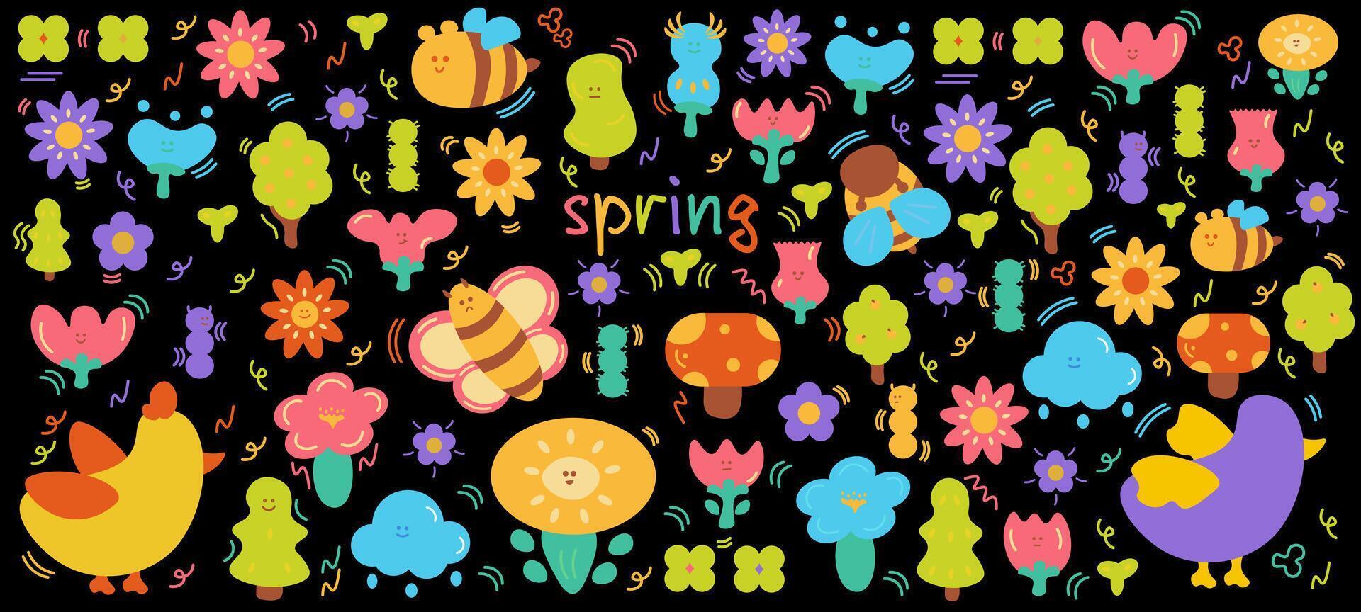Cartoon groovy stickers set. 90s cute design. botanical elements,stars, geometric, flowers. Spring set. Sticker set vector