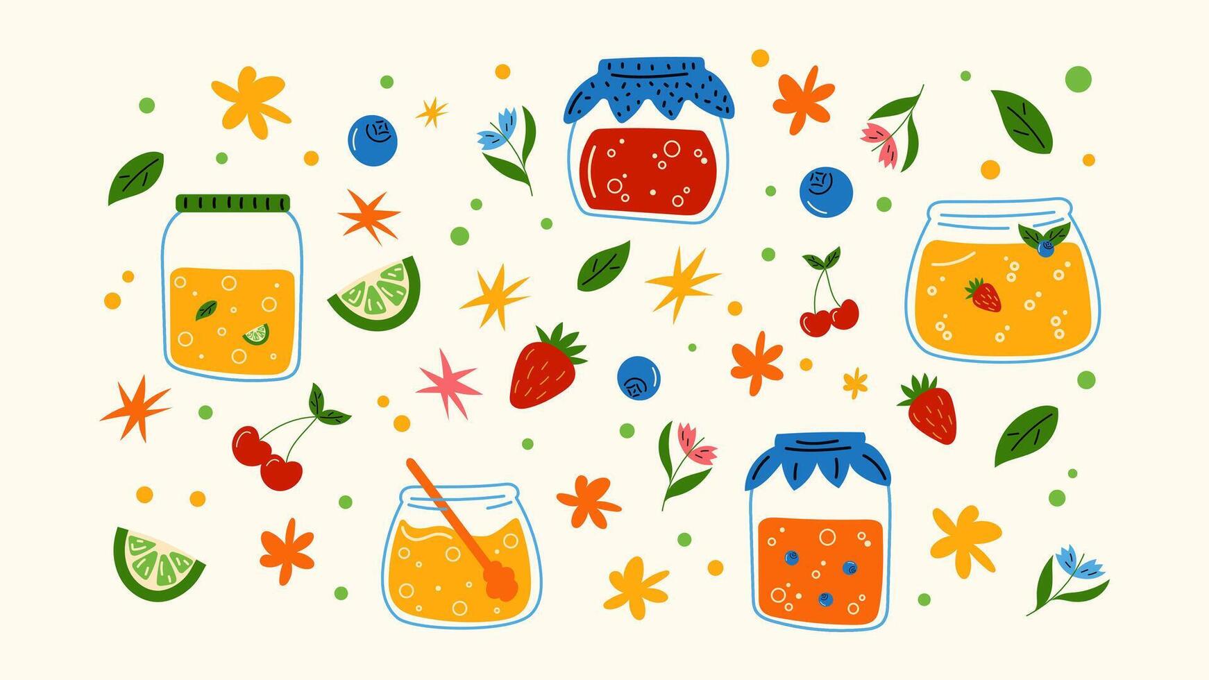 Set of jars of jam in cartoon style. Stickers with honey, jam, cherry, strawberry, blueberry, lime, fruit juice, tea. Bottle, jark, craft vector