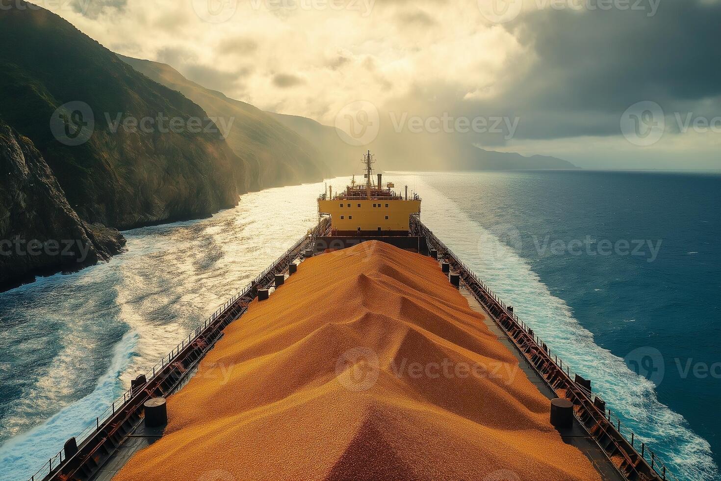 Grain-Loaded Bulk Carrier Sailing Near Rugged Coastal Shore photo