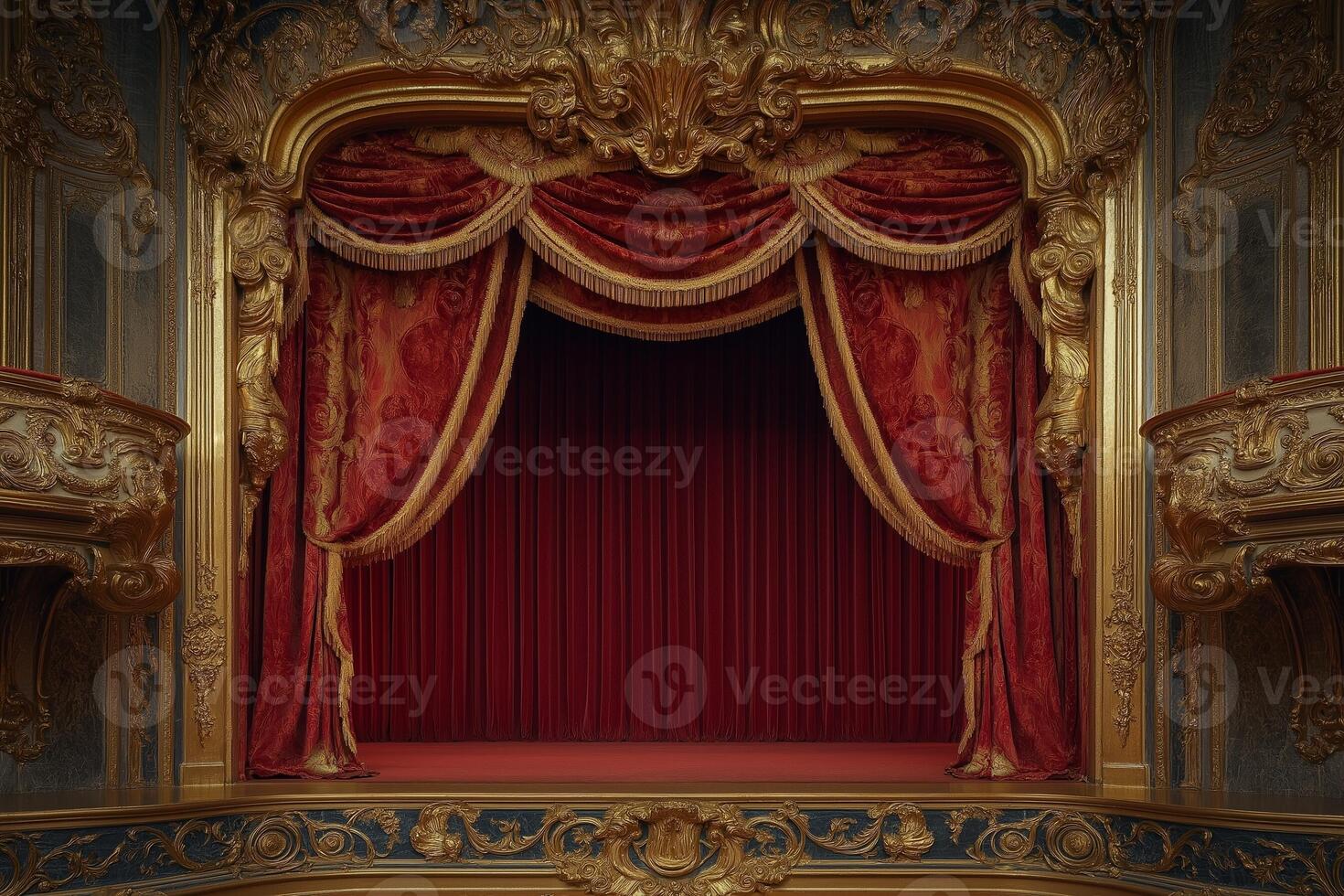 Luxurious Red Theater Curtains with Golden Detailing on Stage photo