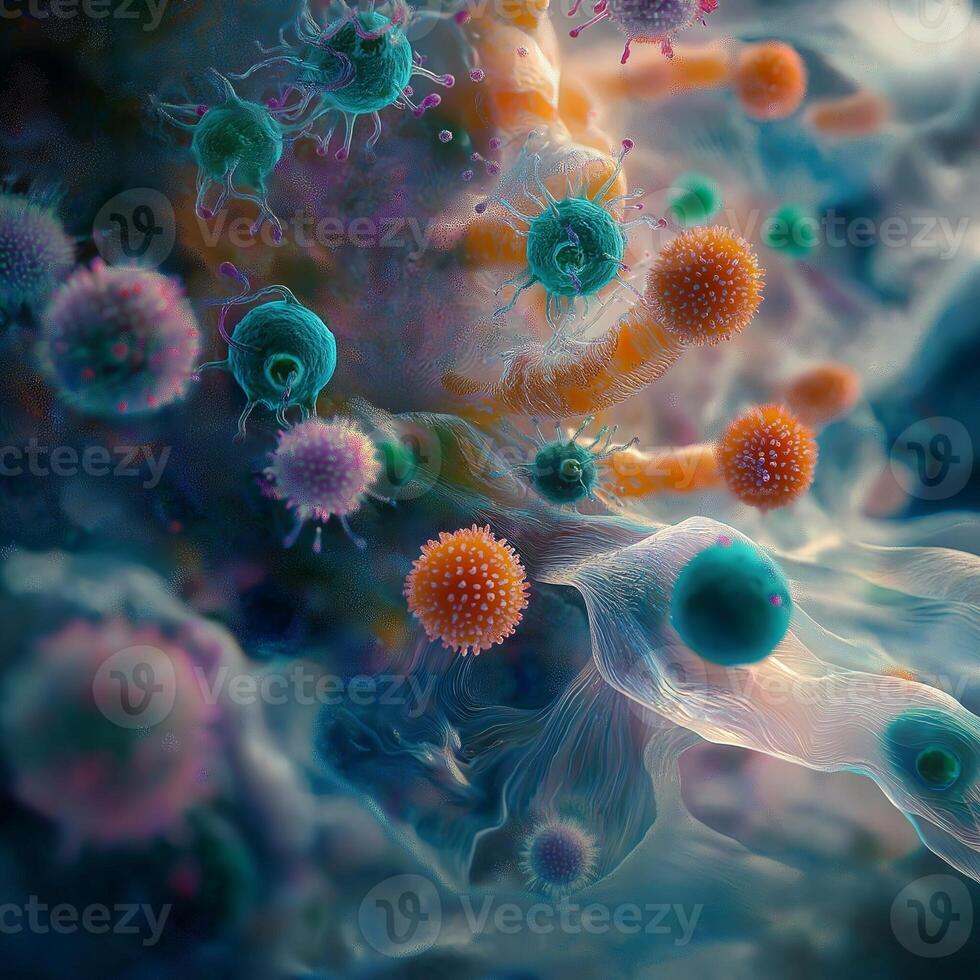 Vibrant microorganisms floating in water with glowing textures and dynamic movement photo