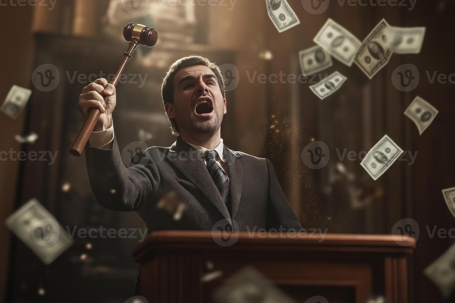 Dynamic auctioneer mid-motion with gavel, floating banknotes, and vibrant atmosphere photo