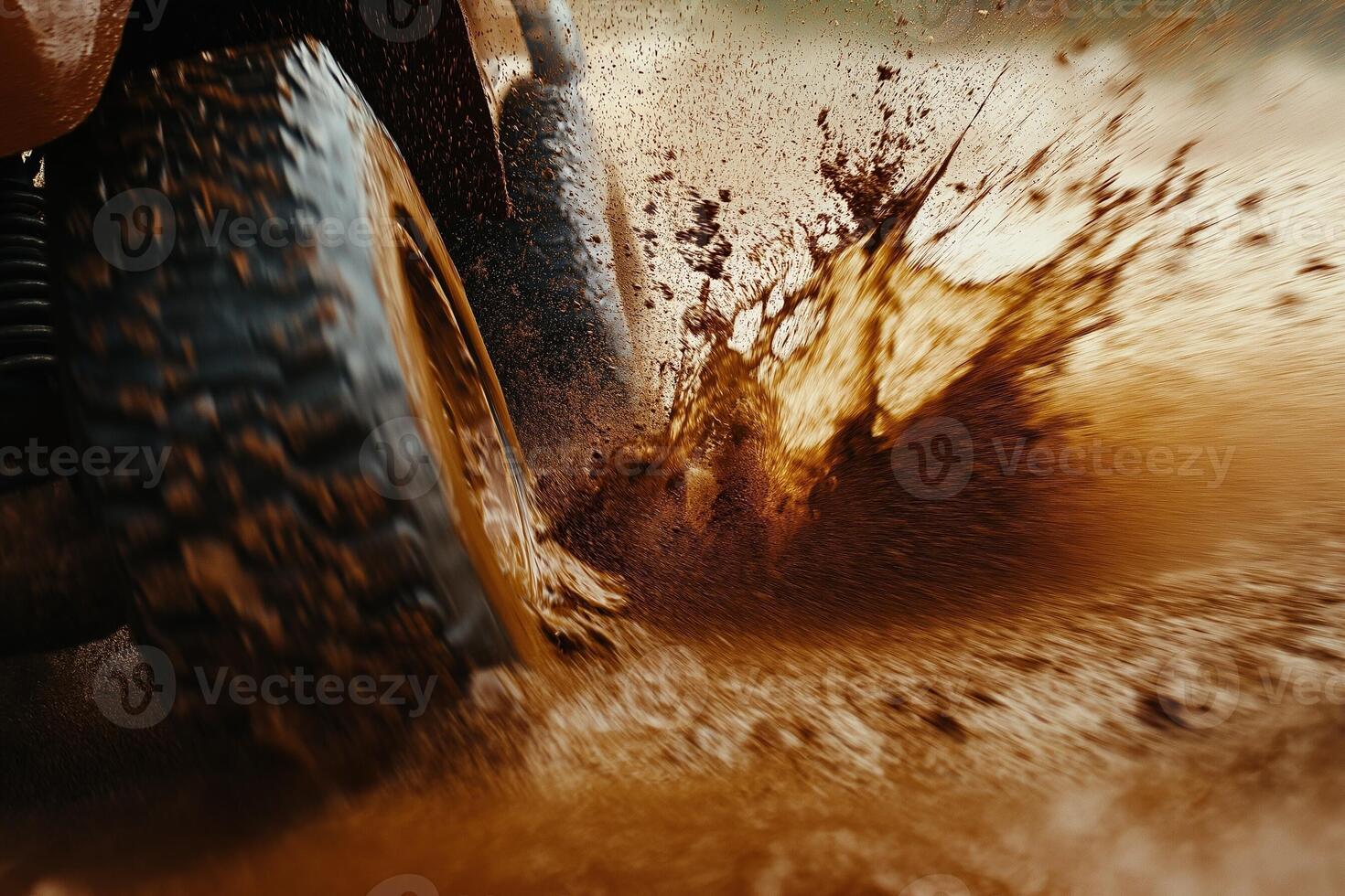 Off-Road Tires Splashing Through Muddy Puddle in Close-Up photo