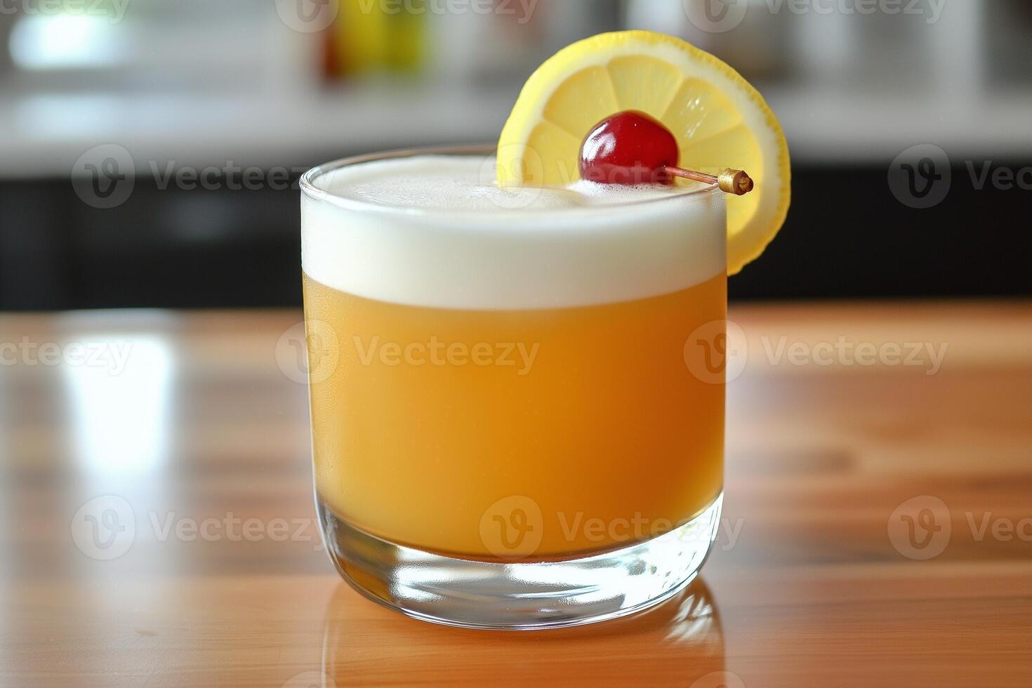Whiskey Sour Cocktail with Lemon and Cherry on Bar Top photo