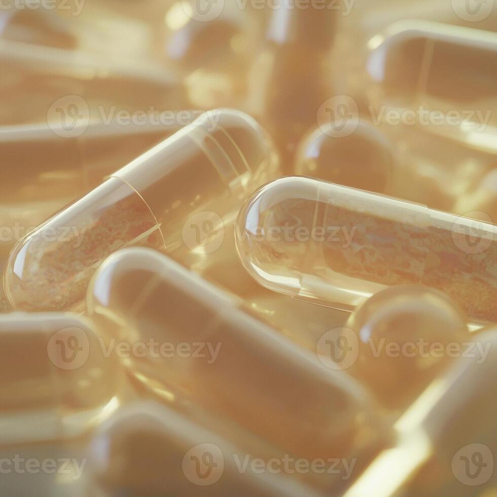 Close-up of Pill Capsules with Transparent Shells and Granules photo