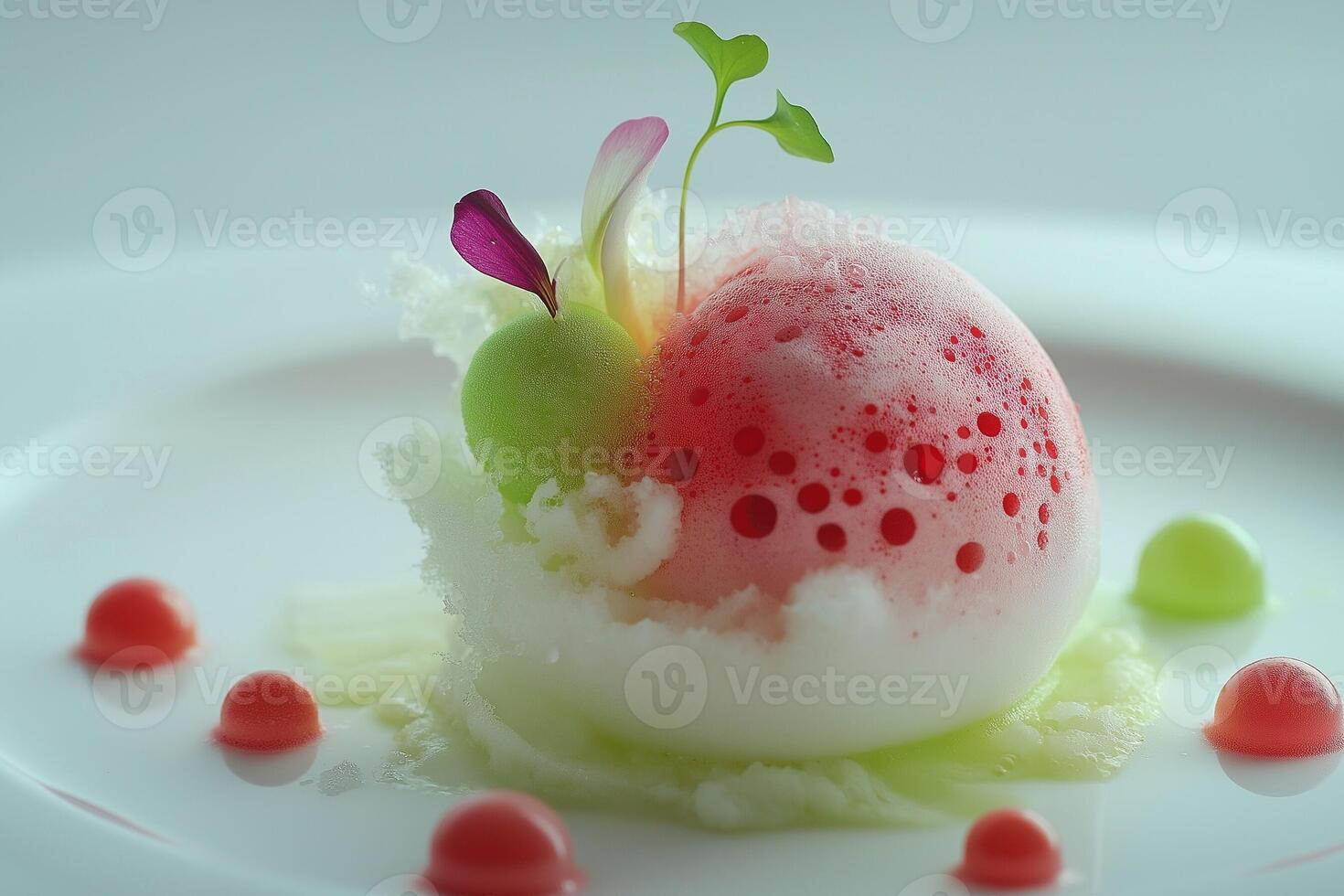 Innovative Molecular Cuisine Dish Masterfully Plated on Minimalist Artistic Setting photo