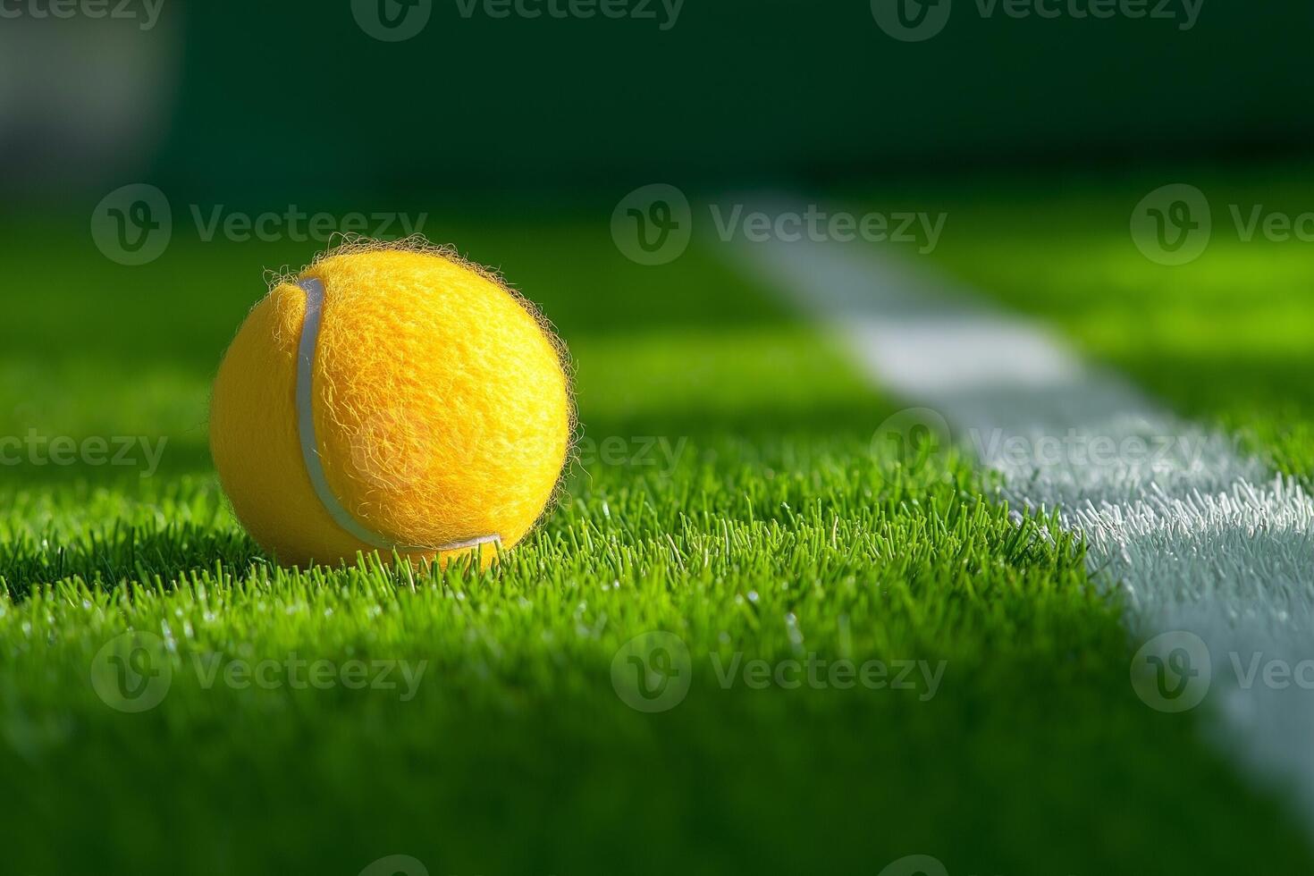 Close-up of Yellow Tennis Ball on Fresh Green Grass photo