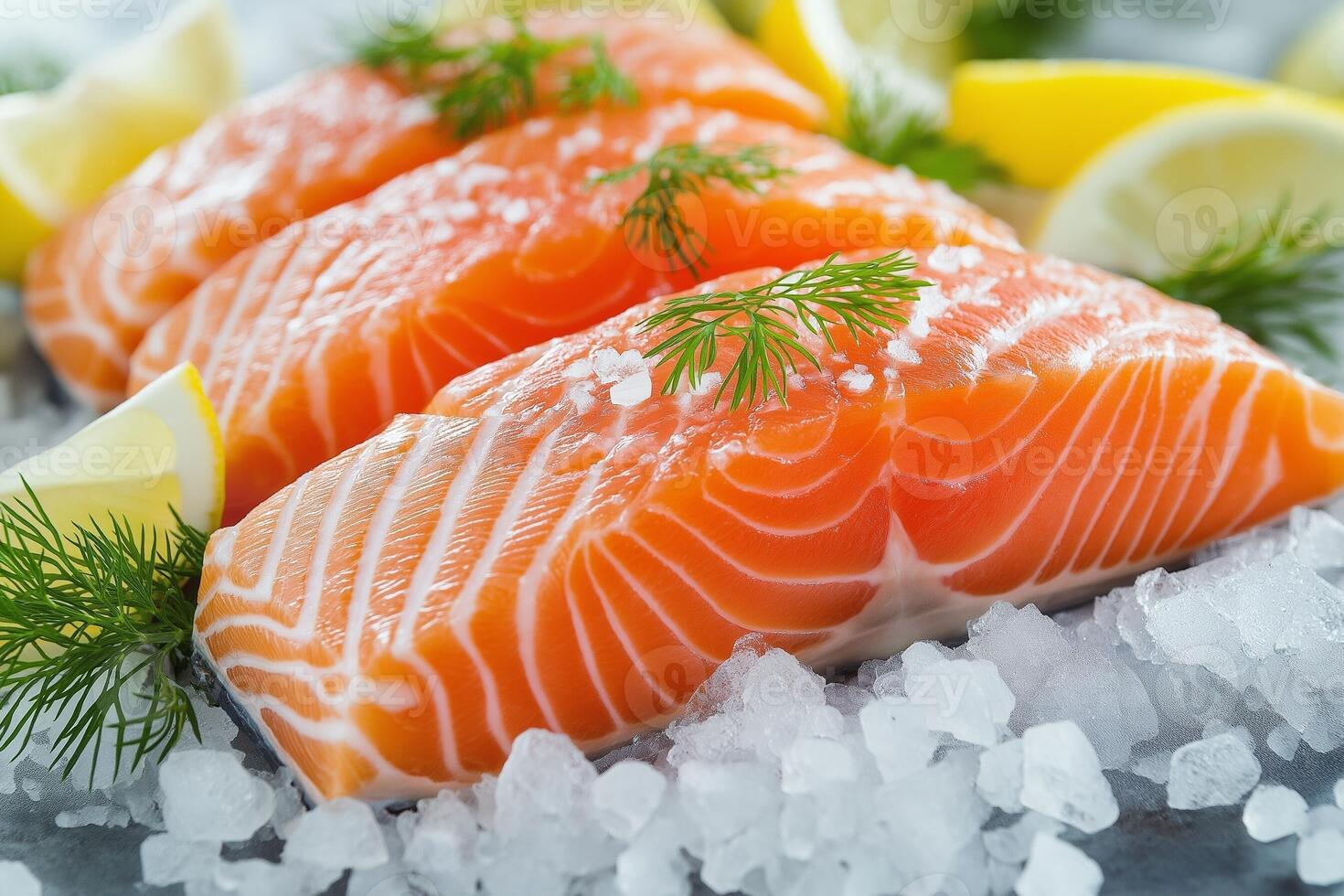 Fresh salmon fillet with dill and lemon chilling on ice for perfect presentation photo