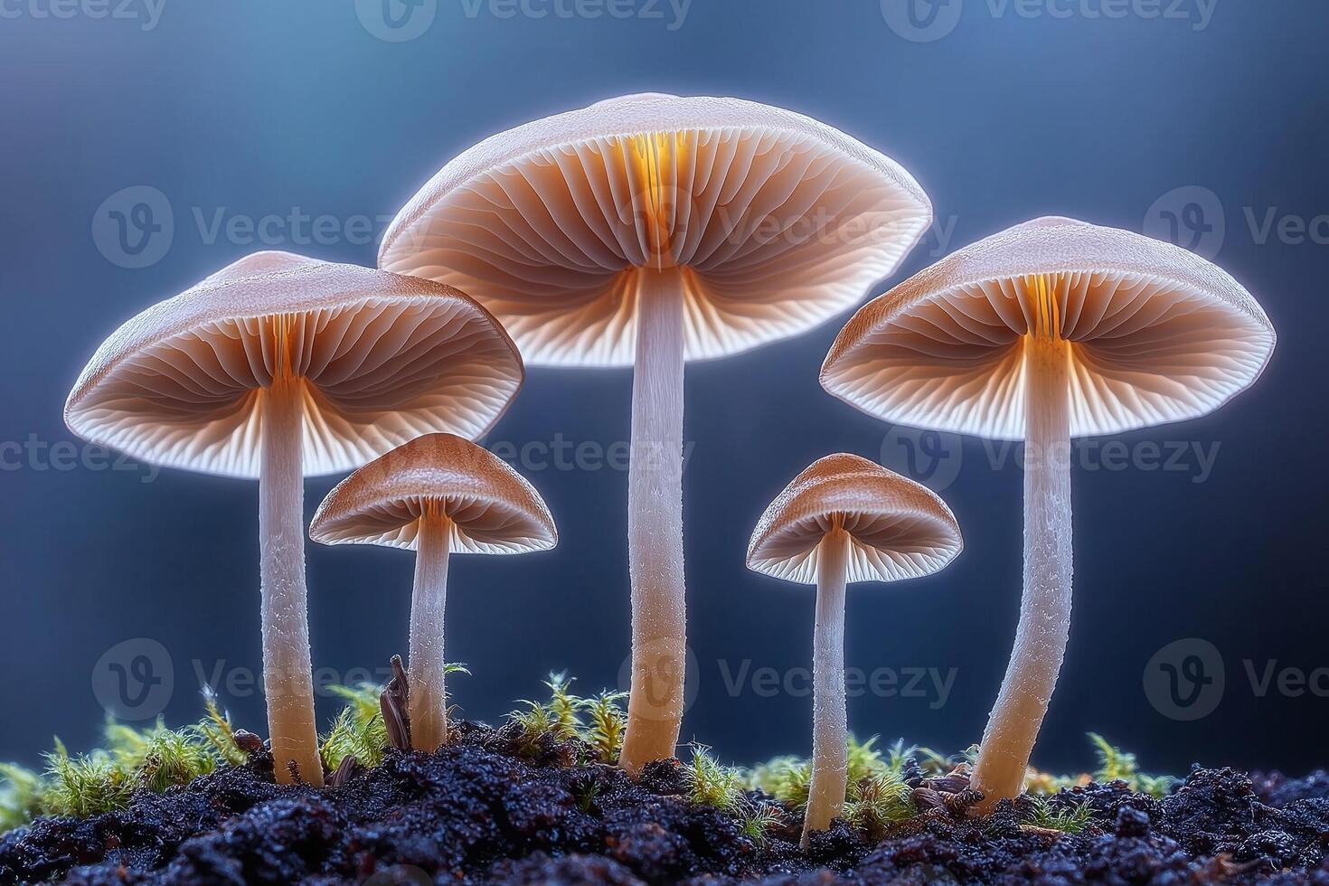 Close-up of mushrooms growing naturally, their earthy tones highlighted by soft light photo