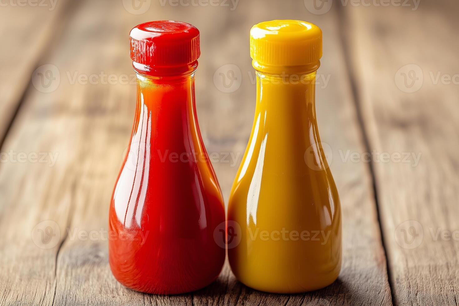 Vibrant ketchup mustard squeeze bottles on rustic wooden table photo