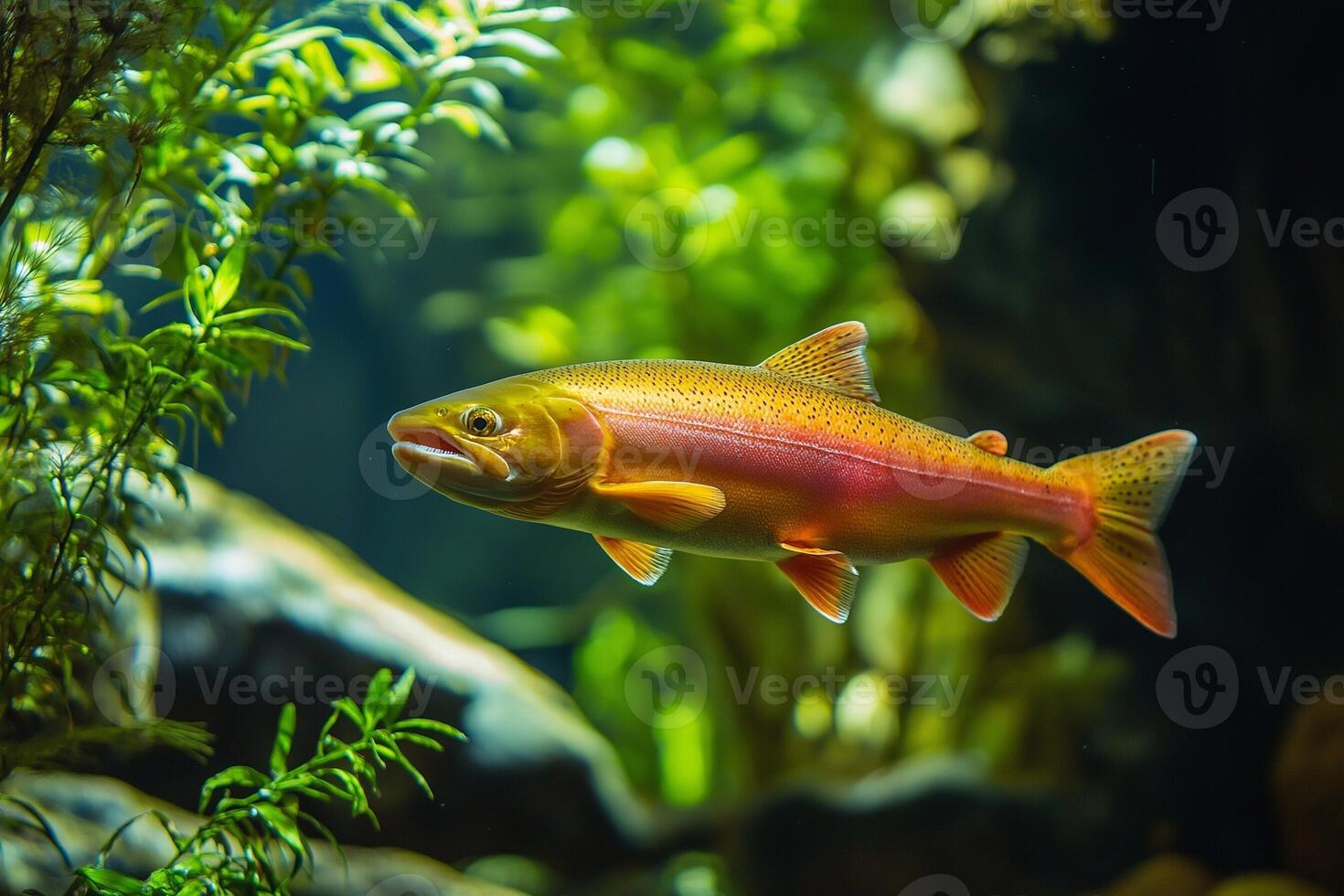 Salmon swimming gracefully in clear water, reflecting sunlight in natural habitat photo