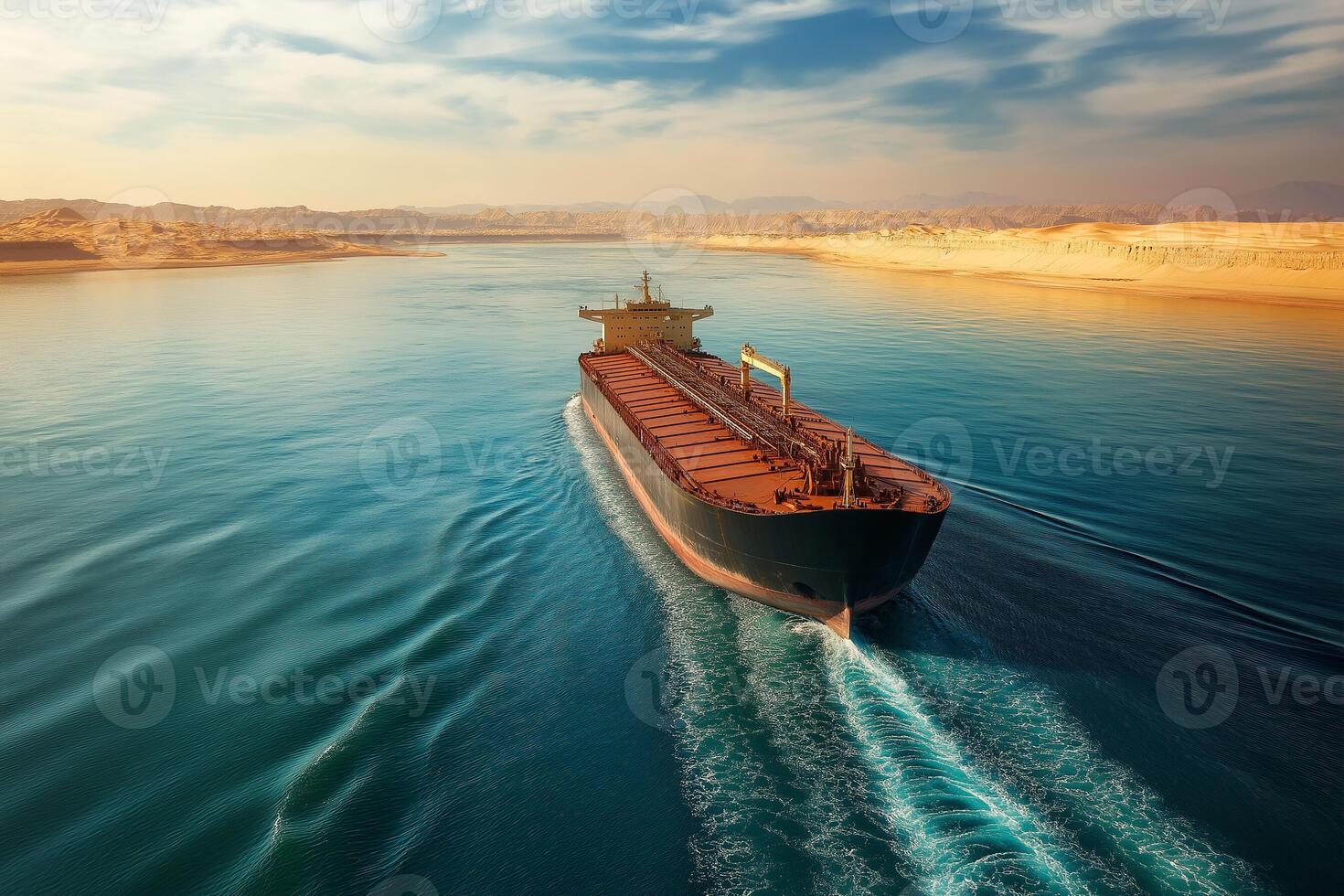Oil Tanker Cruising Calm Waters with Desert Coastline Backdrop photo
