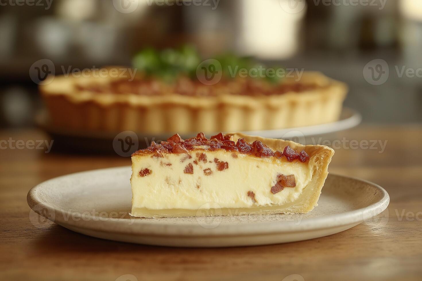 Quiche Lorraine with Bacon and Cheese on Rustic Wood photo