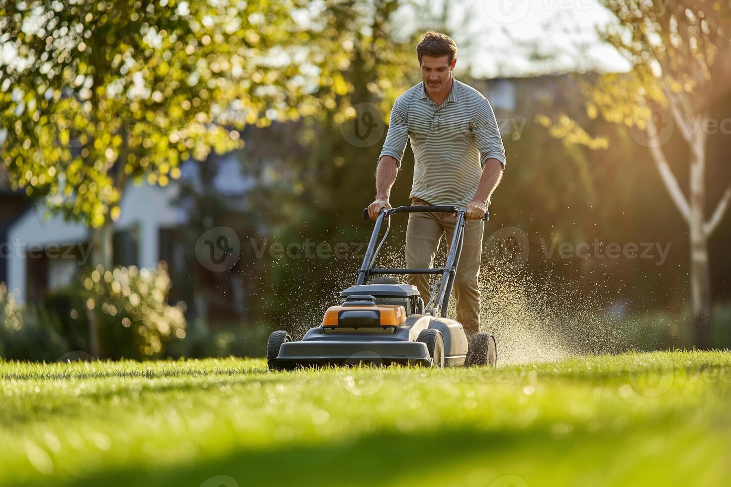 Man mowing vibrant green lawn, scattering grass clippings on sunny summer day photo