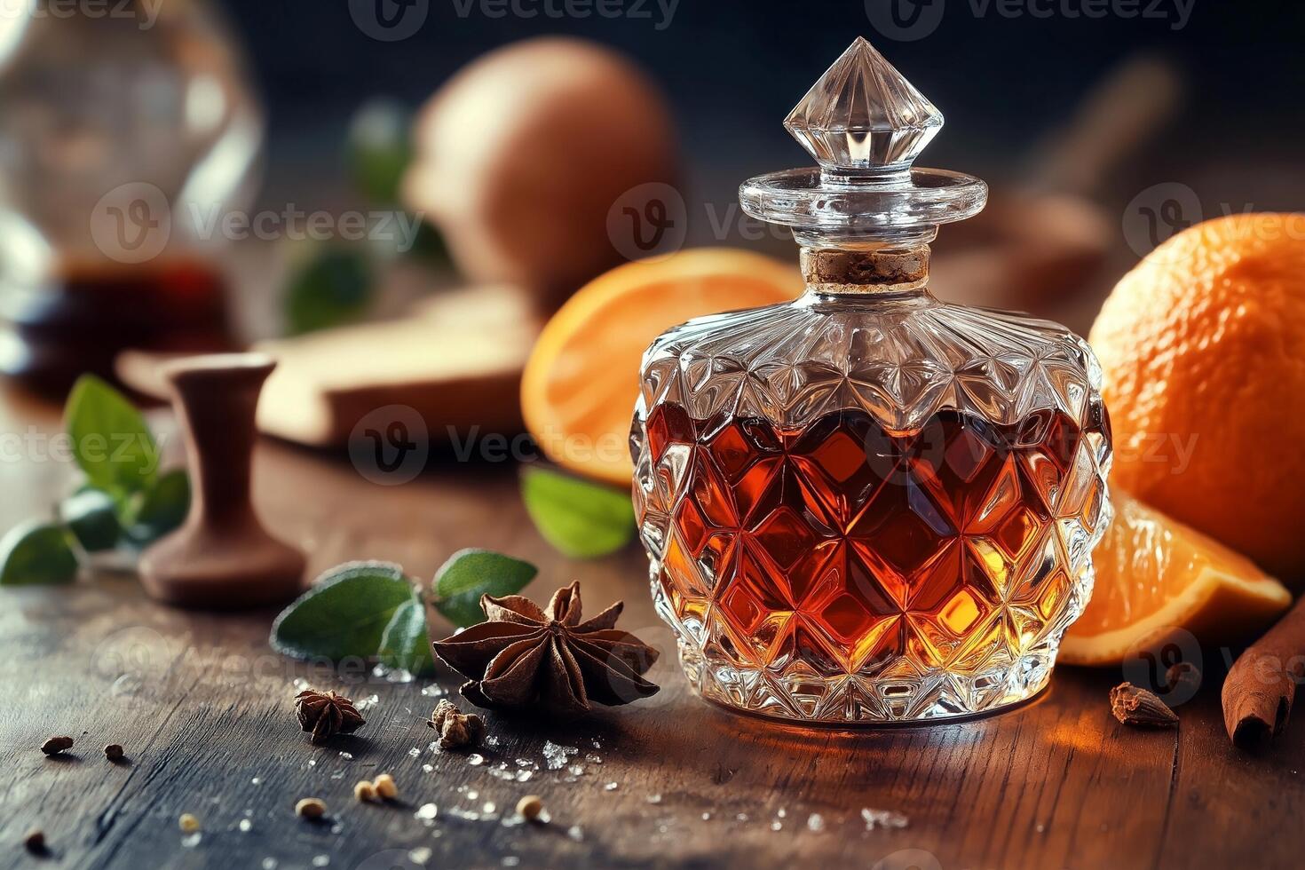 Intricately Designed Crystal Bottle Filled with Amber Bitter on Countertop photo